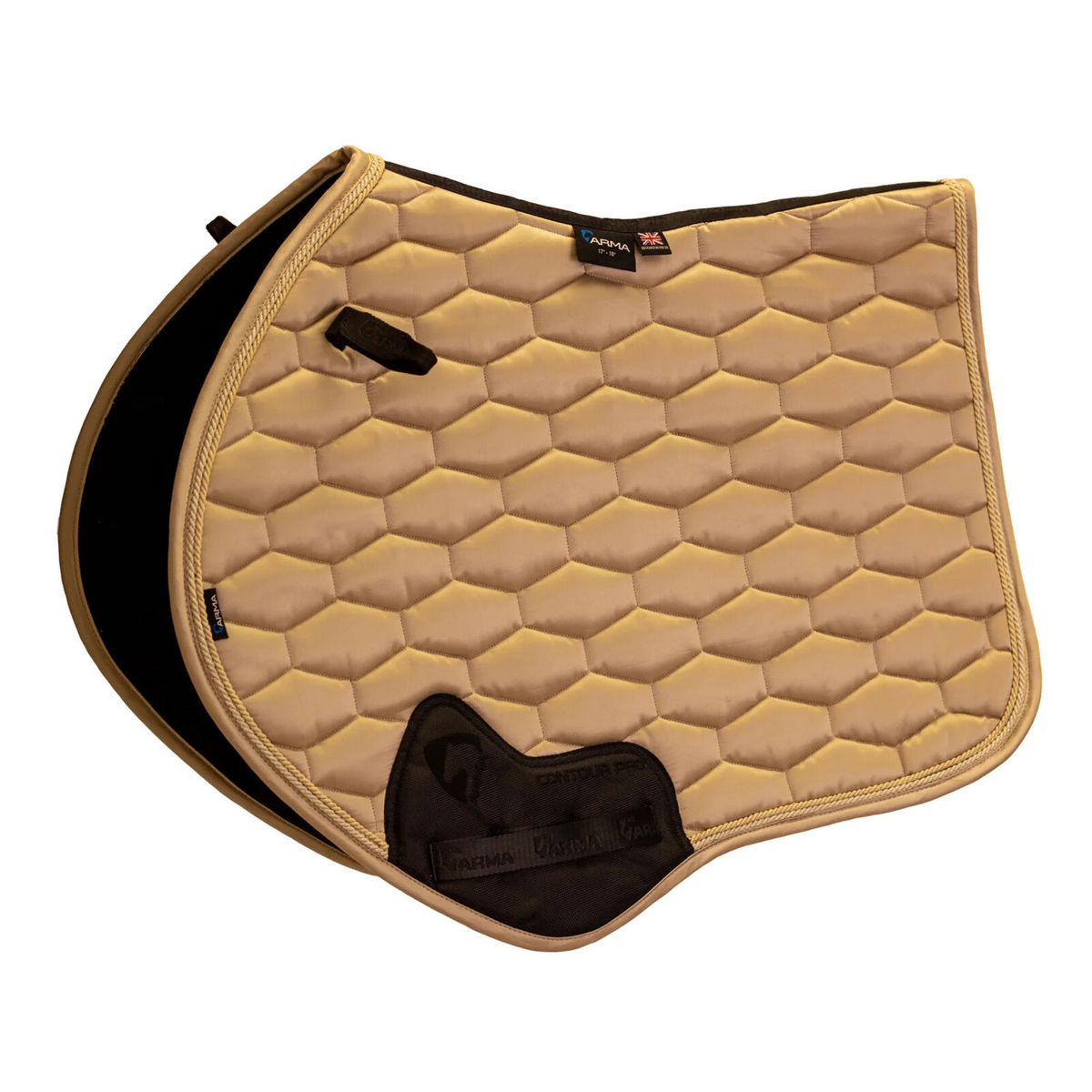 Beige and black quilted saddle pad on a white background