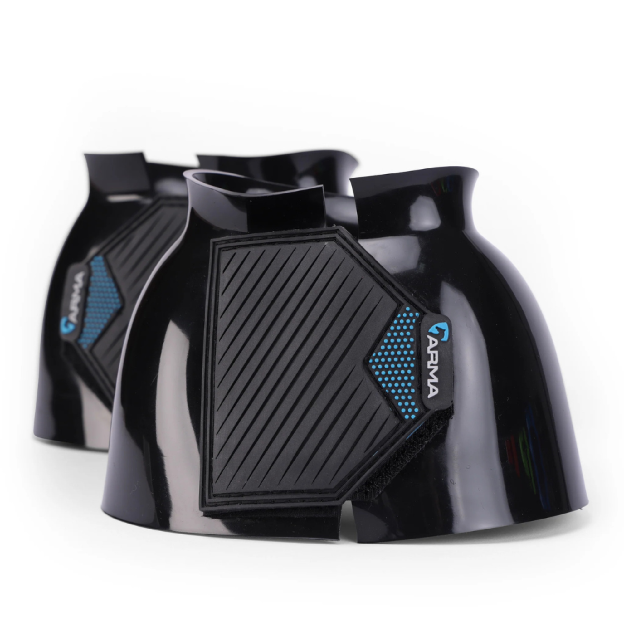A pair of black ARMA by Shires Equestrian bell boots with easy grip double sided touch close straps and the ARMA logo on the straps.