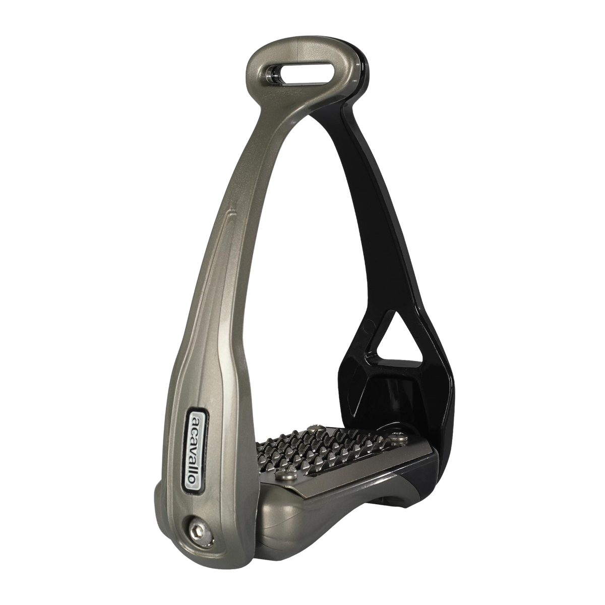 Silver and black equestrian stirrup on a white background