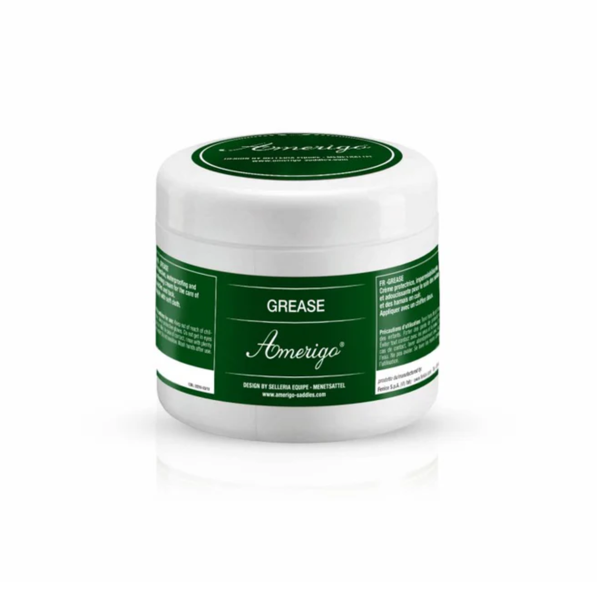 Amerigo grease jar with green and white label on a white background