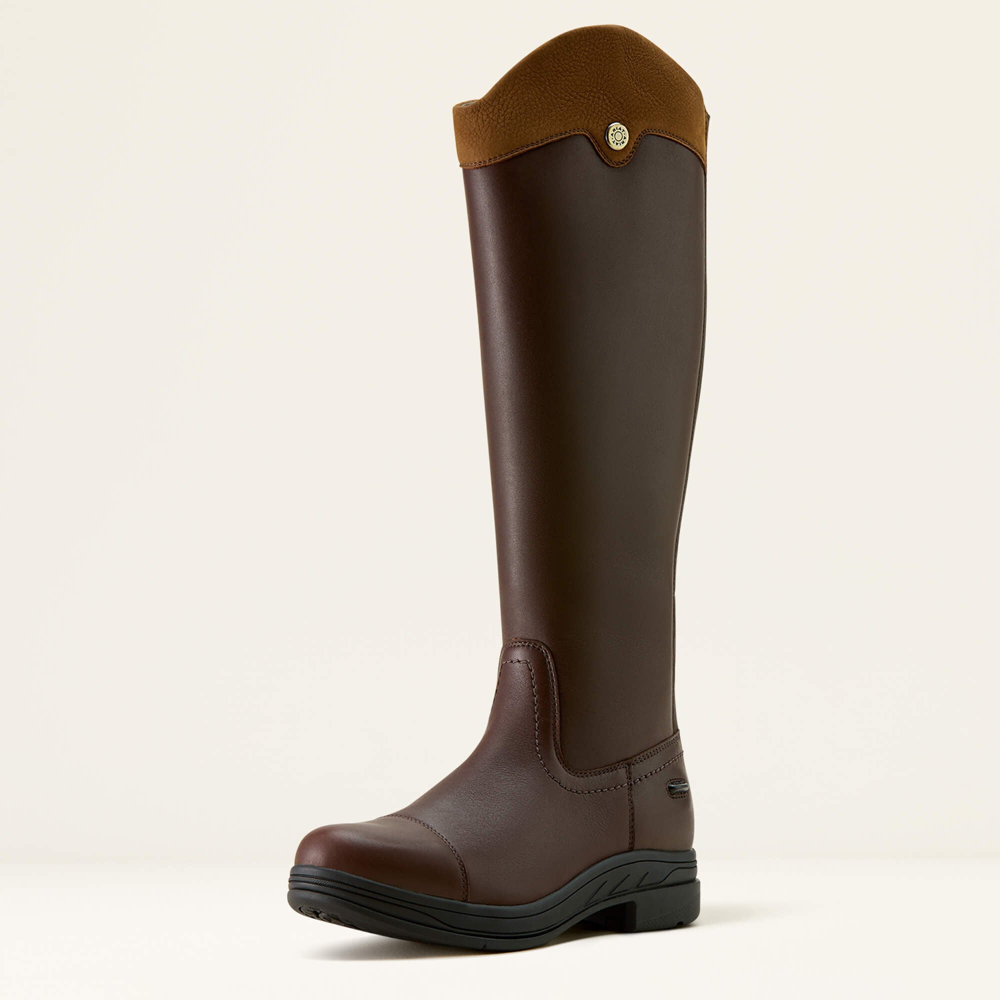 Brown Ariat Stamford Waterproof Boot with a brown top on a beige background