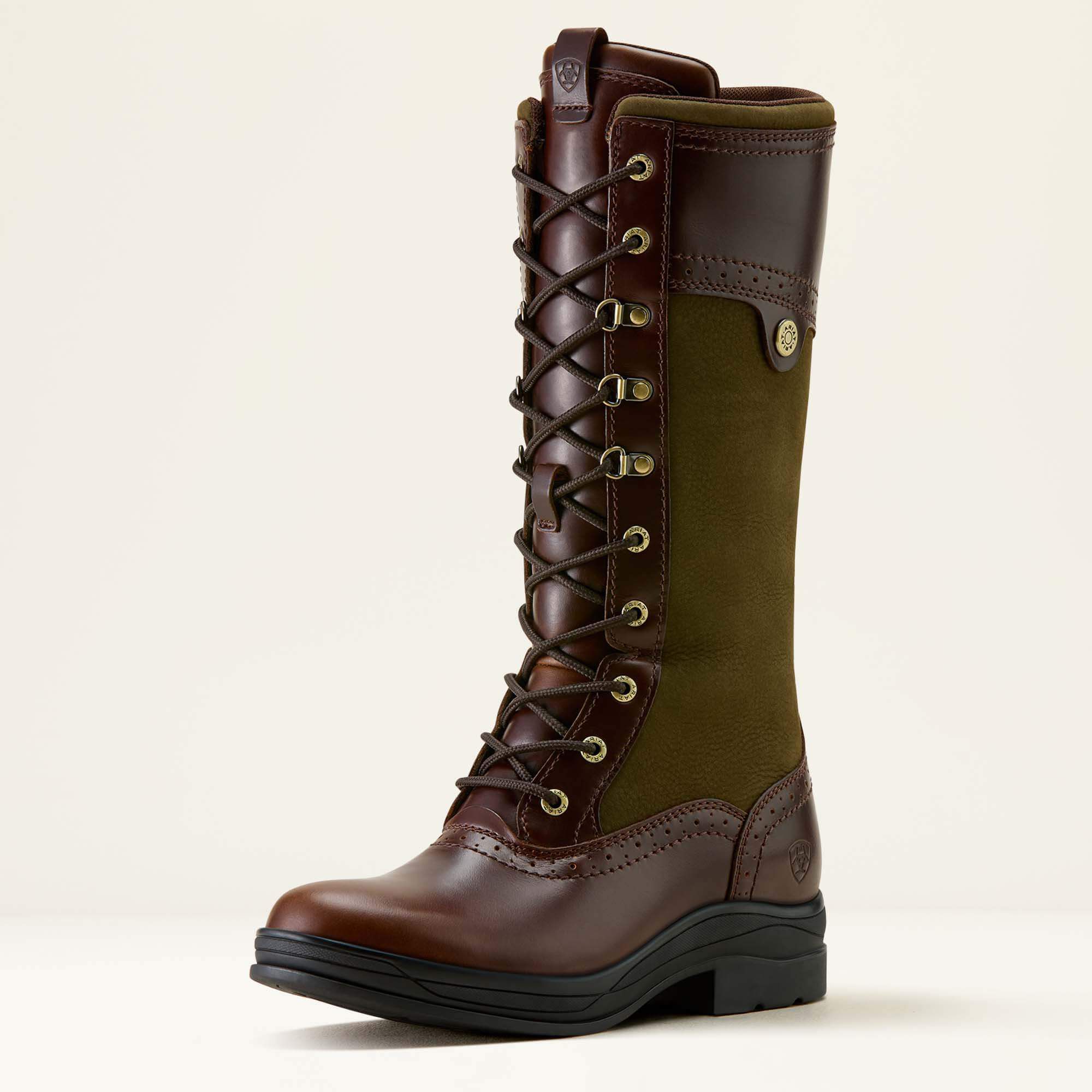 Ariat Wythburn II Waterproof brown and green knee-high boot with laces on a beige background