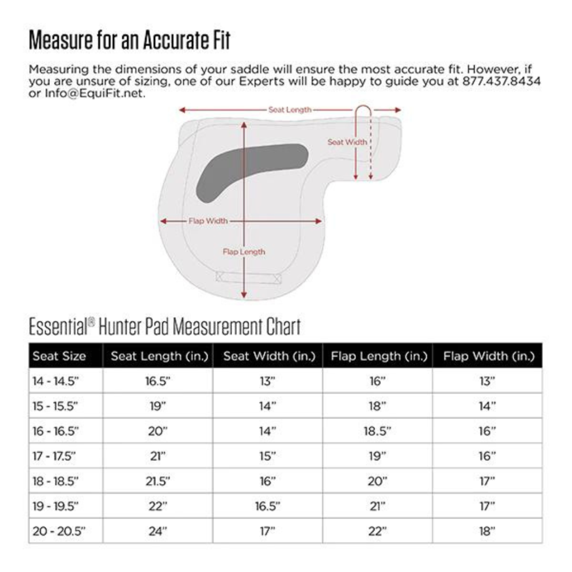 A size chart for the Equifit Shaped Show Pad
