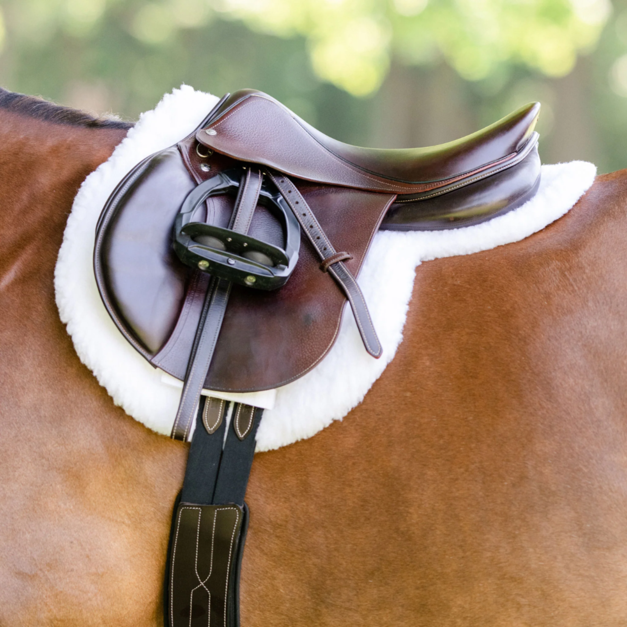 Shaped hunter fleece saddle pad with white non-slip patches on underside, placed under a brown saddle, on a brown horse.