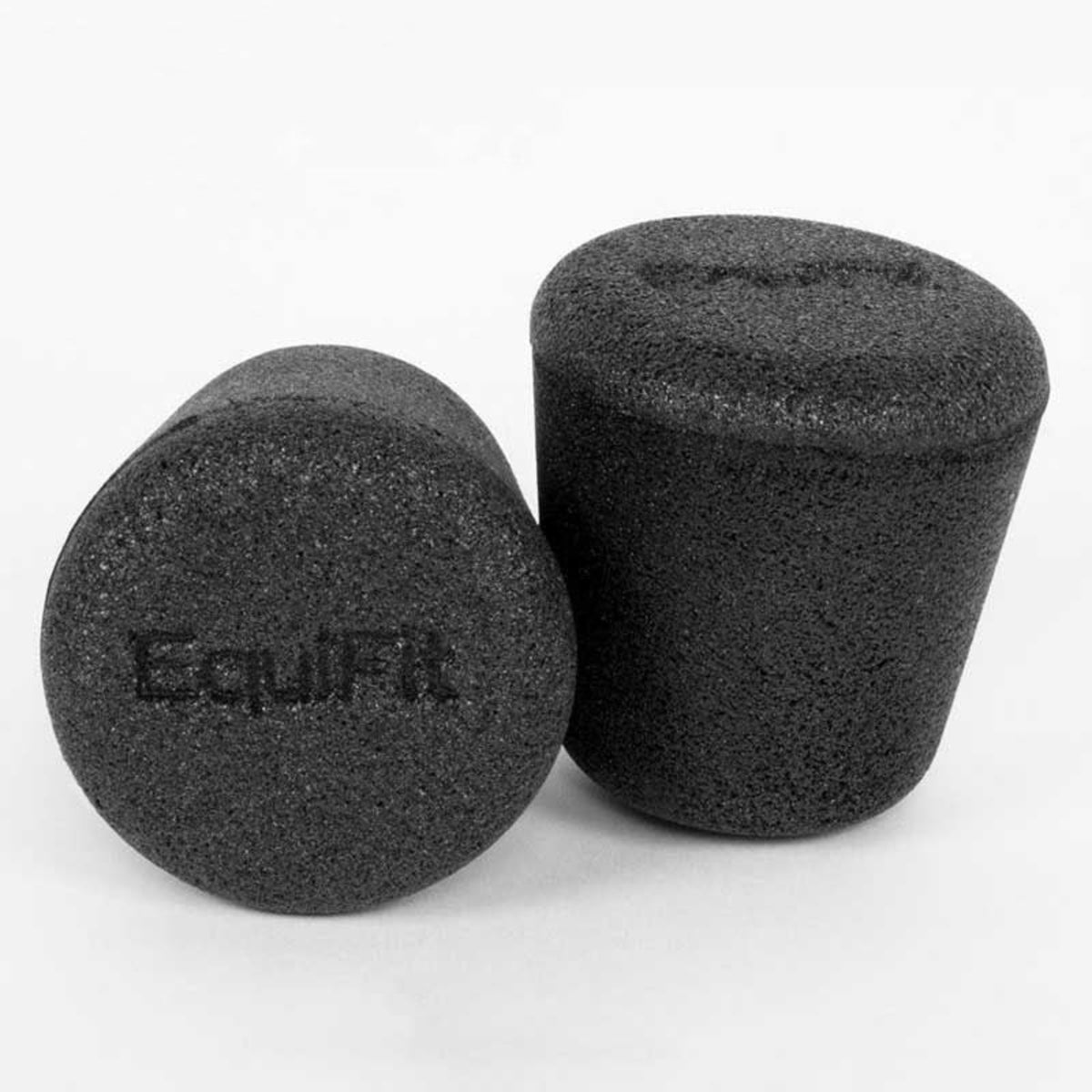 A pair of black EquiFit SilentFit EarPlugs designed to fit in the ears for sound blocking.