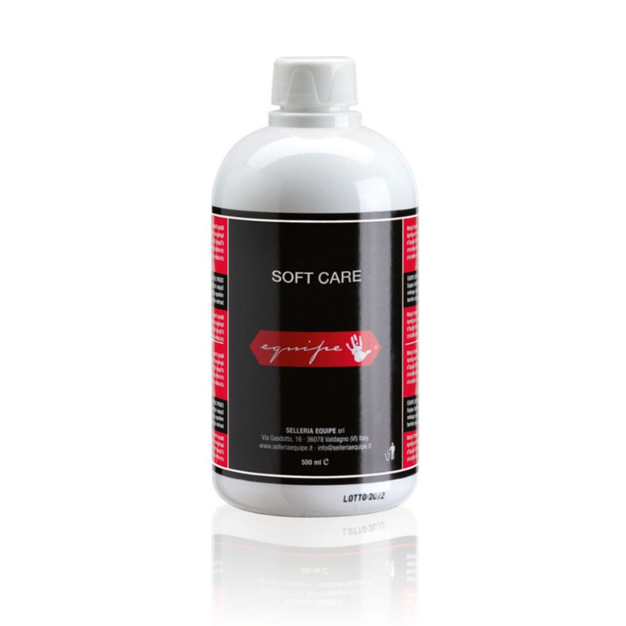 A 500ml bottle of Selleria Equipe Soft Care leather cleaner and conditioner.