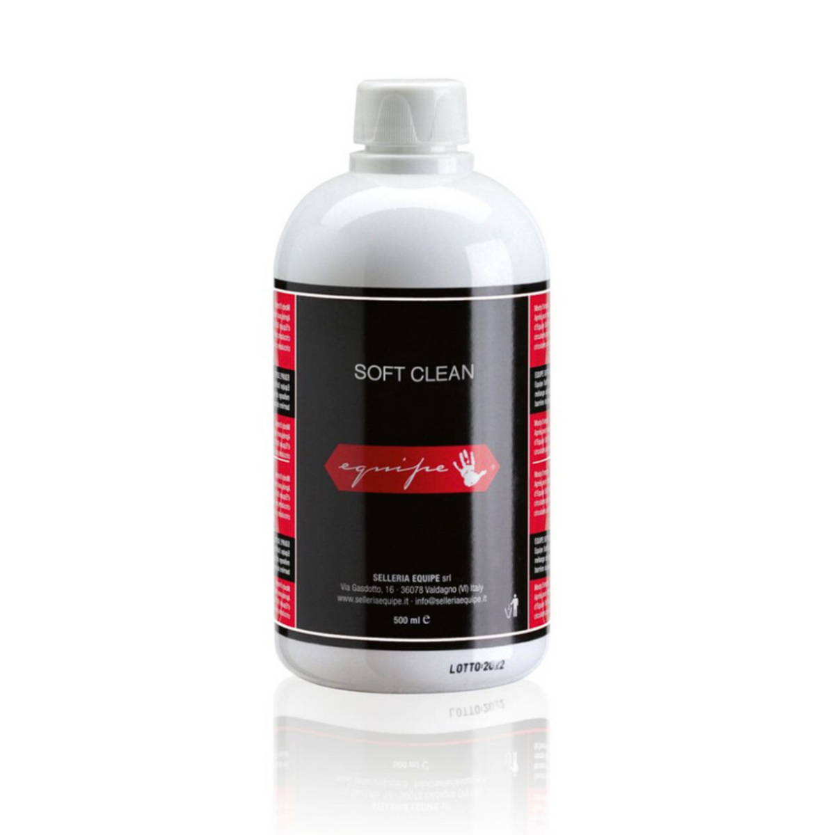 A 500ml bottle of Equipe Soft Clean leather cleaner, predominantly white and red in color.