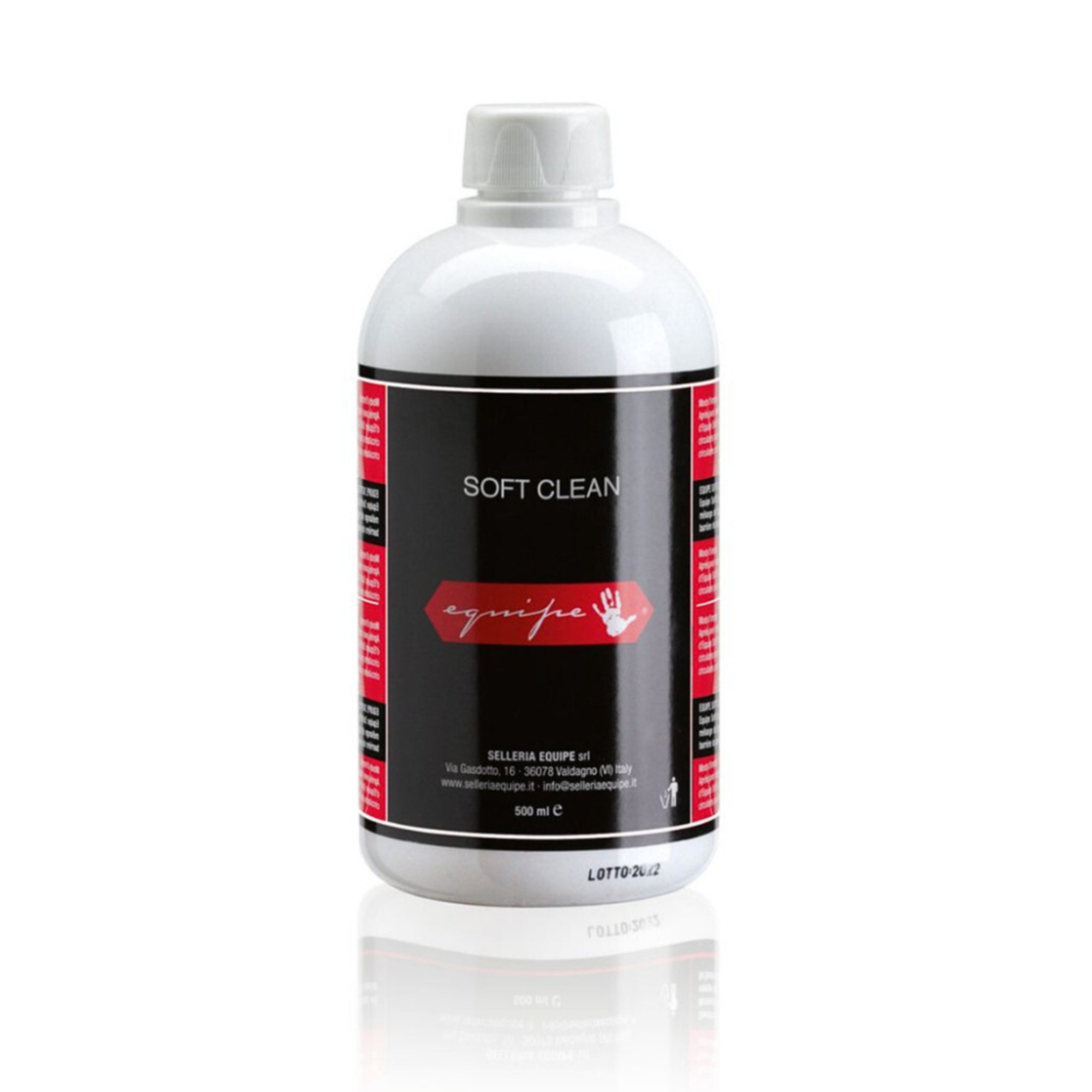 A 500ml bottle of Equipe Soft Clean leather cleaner, predominantly white and red in color.