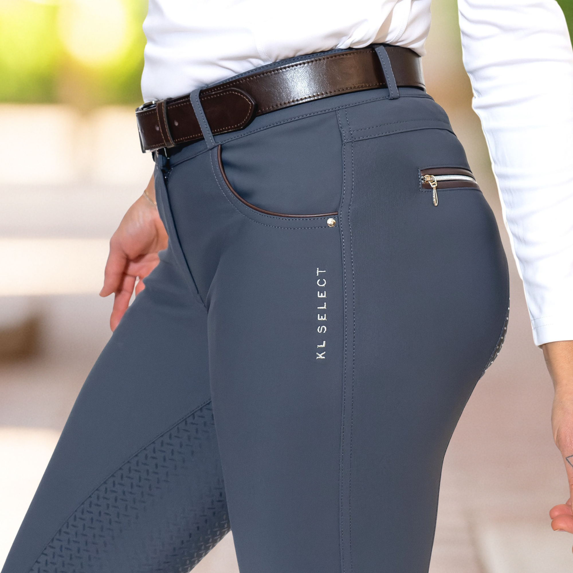 KL Select Gabrielle Full Seat Breeches, Slate with Espresso Piping