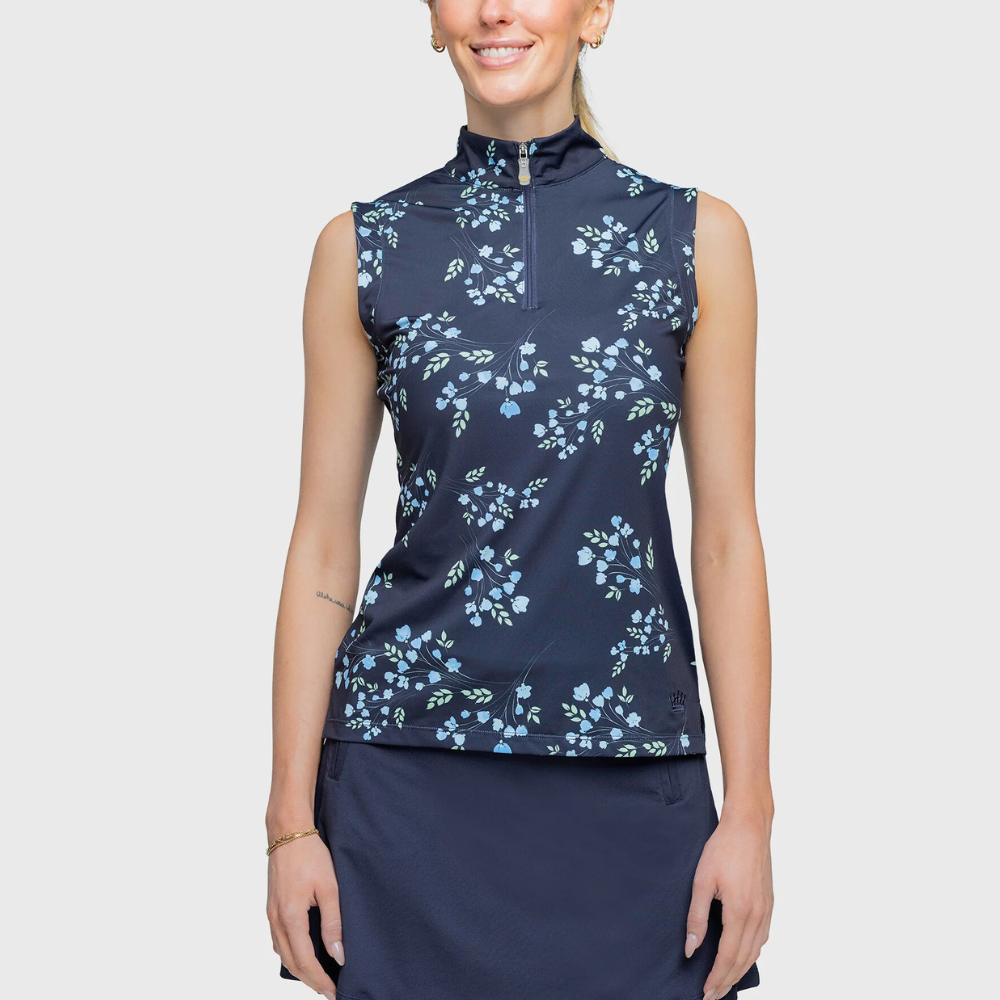 Kastel Sleeveless Ruched Back 1/4 Zip, Navy Rosebud