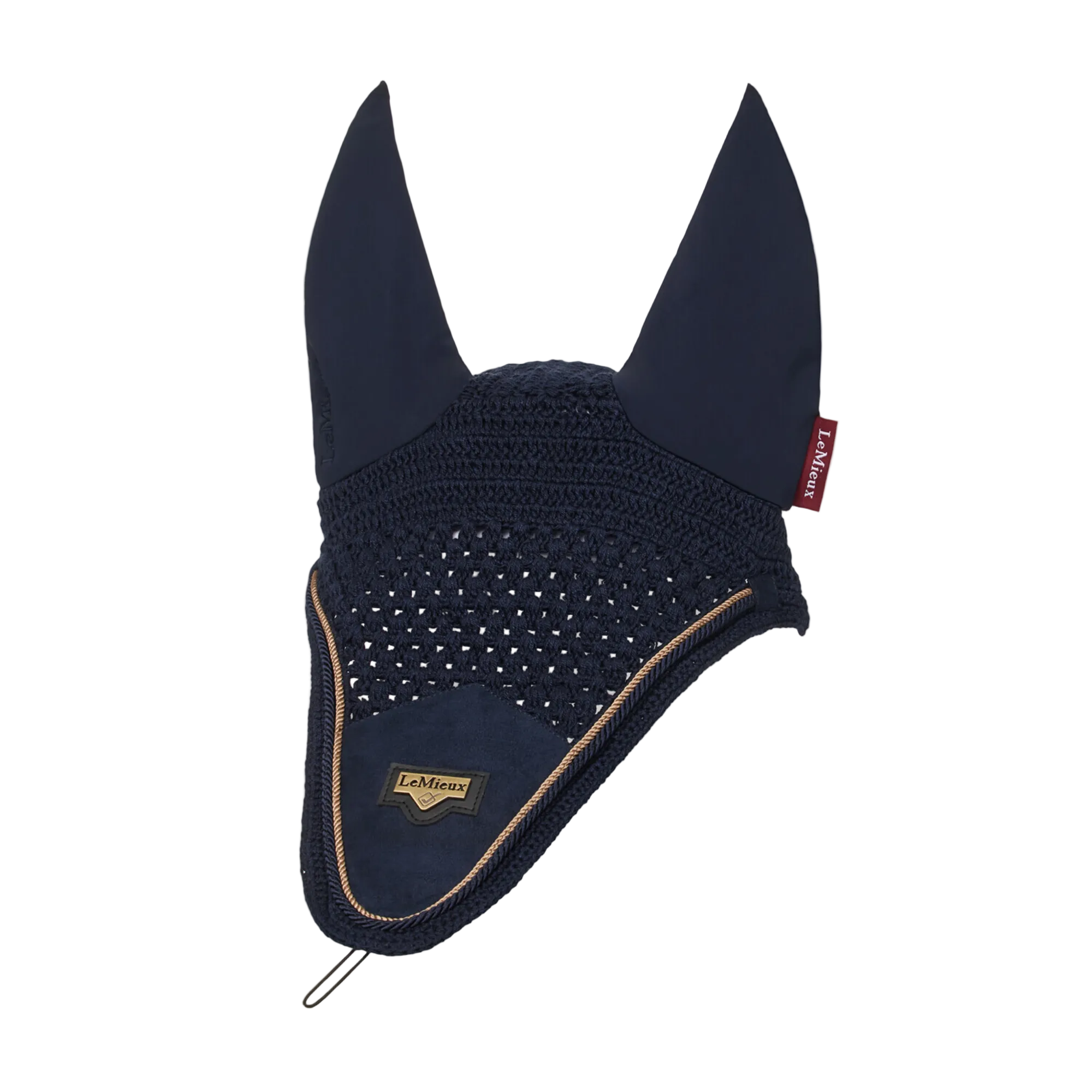 Navy LeMieux Puissance equestrian ear bonnet with LeMieux brand logo on a white background.