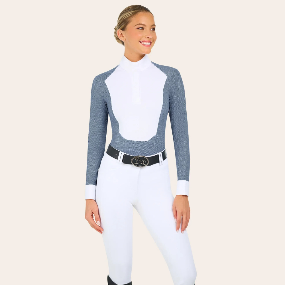 Product image of R.J. Classics blue petal dots Liv show shirt on a model wearing white breeches and a black R.J. Classics belt.