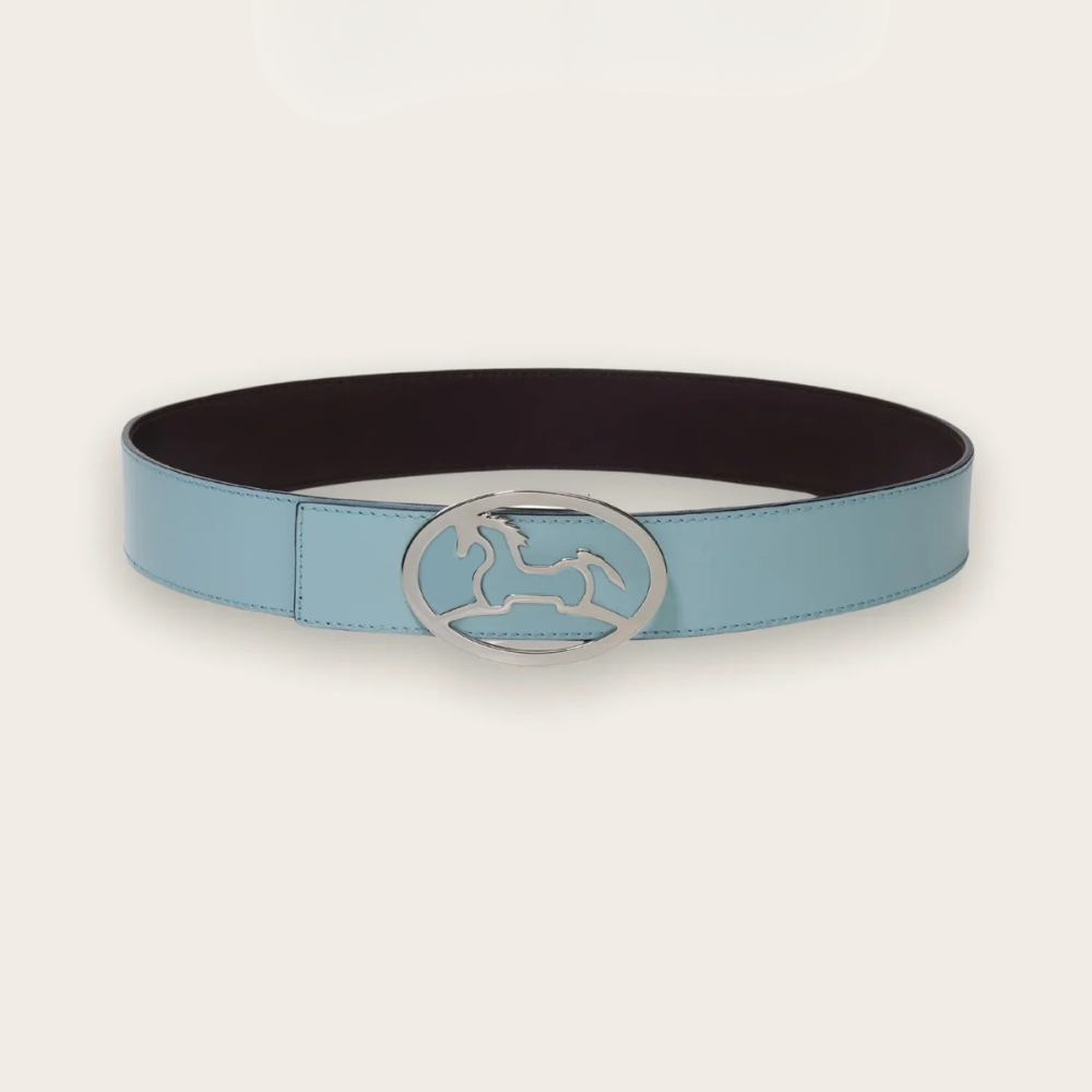Product image of R.J. Classics aqua & chocolate reversible Bobbie belt with a metal R.J. Logo belt buckle with aqua on the outside.