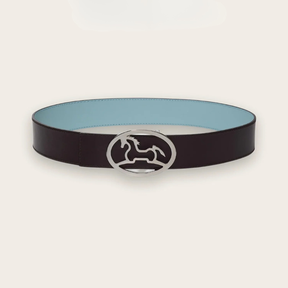 Product image of R.J. Classics chocolate & aqua reversible Bobbie belt with a metal R.J. Logo belt buckle with chocolate on the outside.