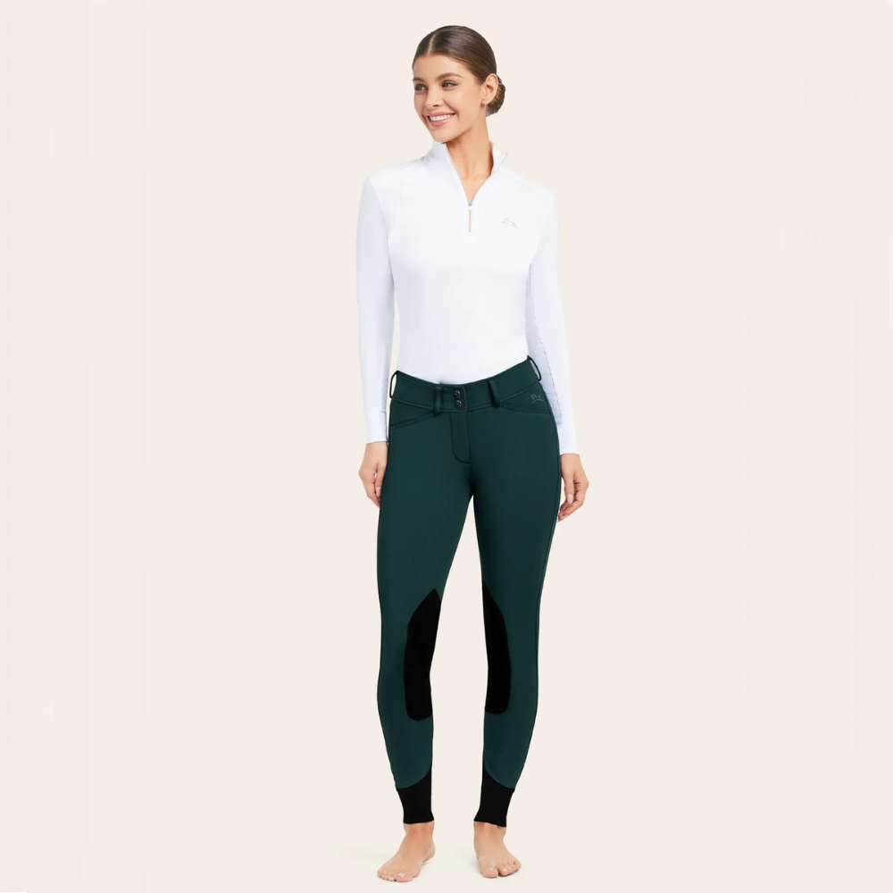 Full length image of R.J. Classics forest colored Gracie knee path breeches on a model wearing a white show shirt.