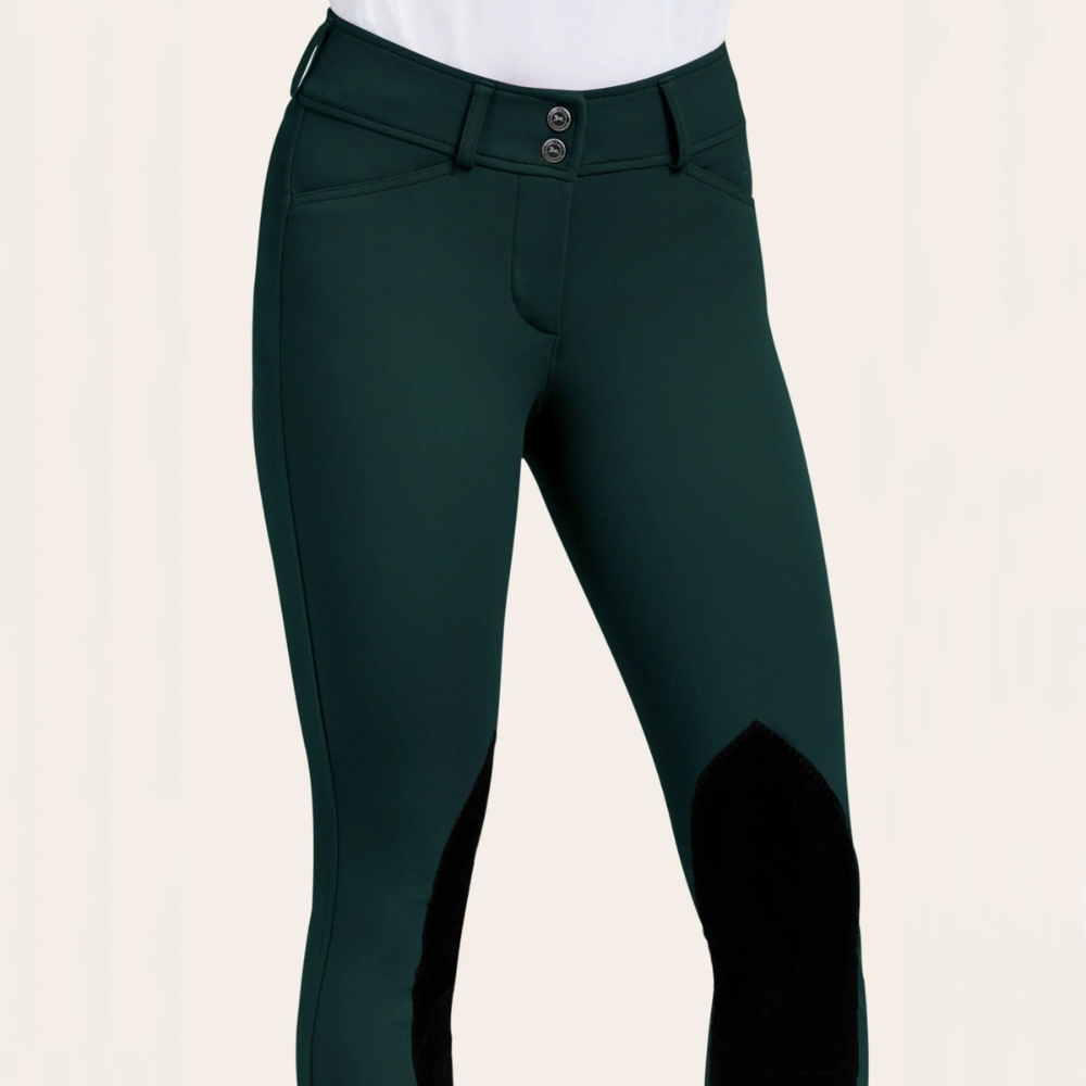 Image of R.J. Classics forest colored Gracie knee patch breeches on a model.
