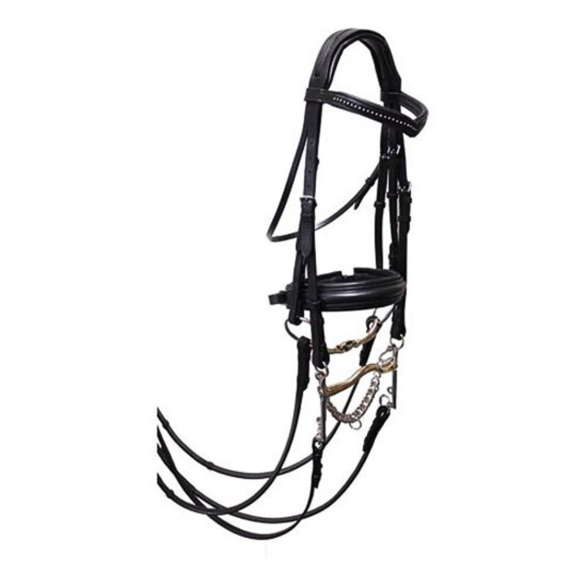 KL Select Pirouette Black weymouth bridle with reins on a white background