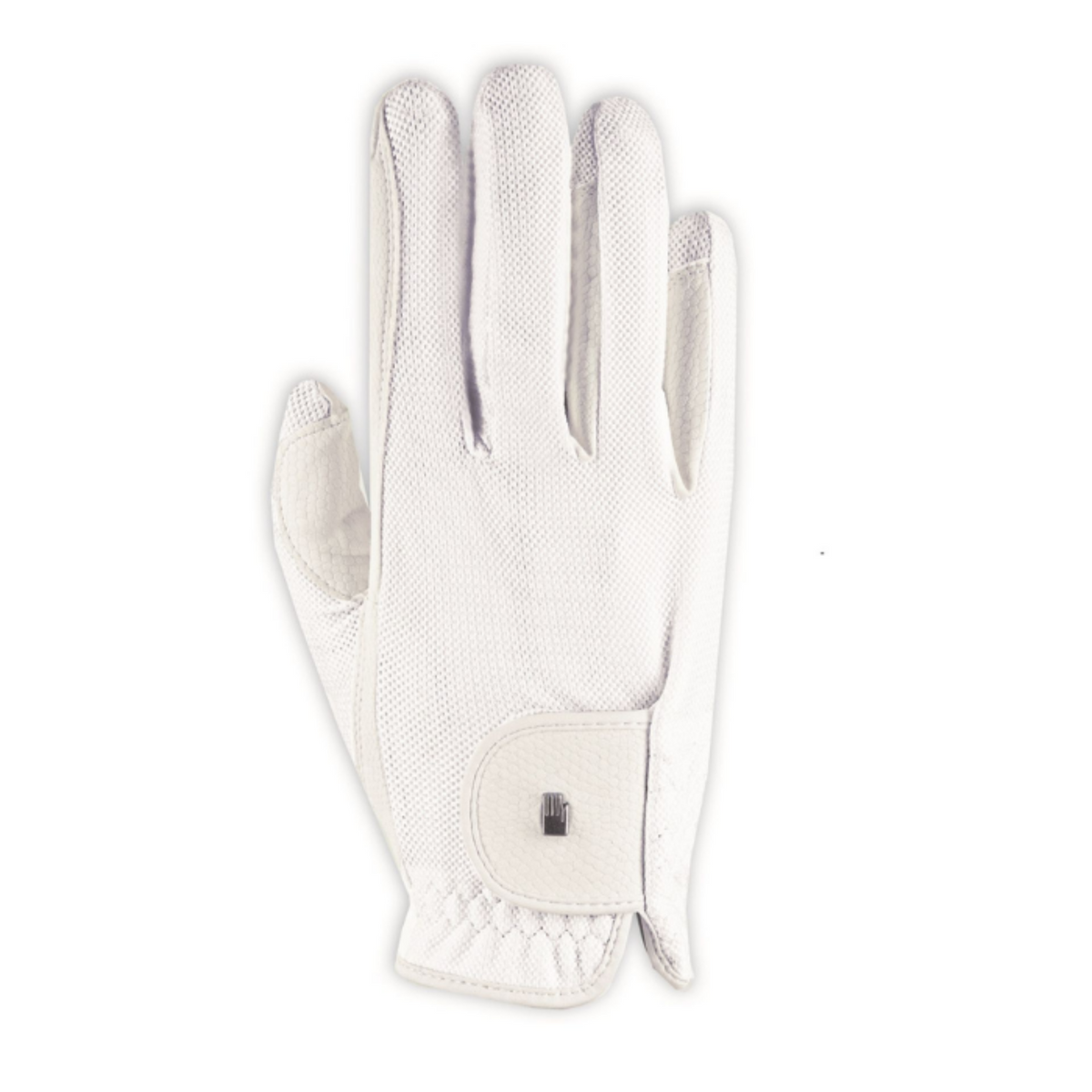 A single White Rockel Grip Riding Glove. Mesh top glove with leather grips.