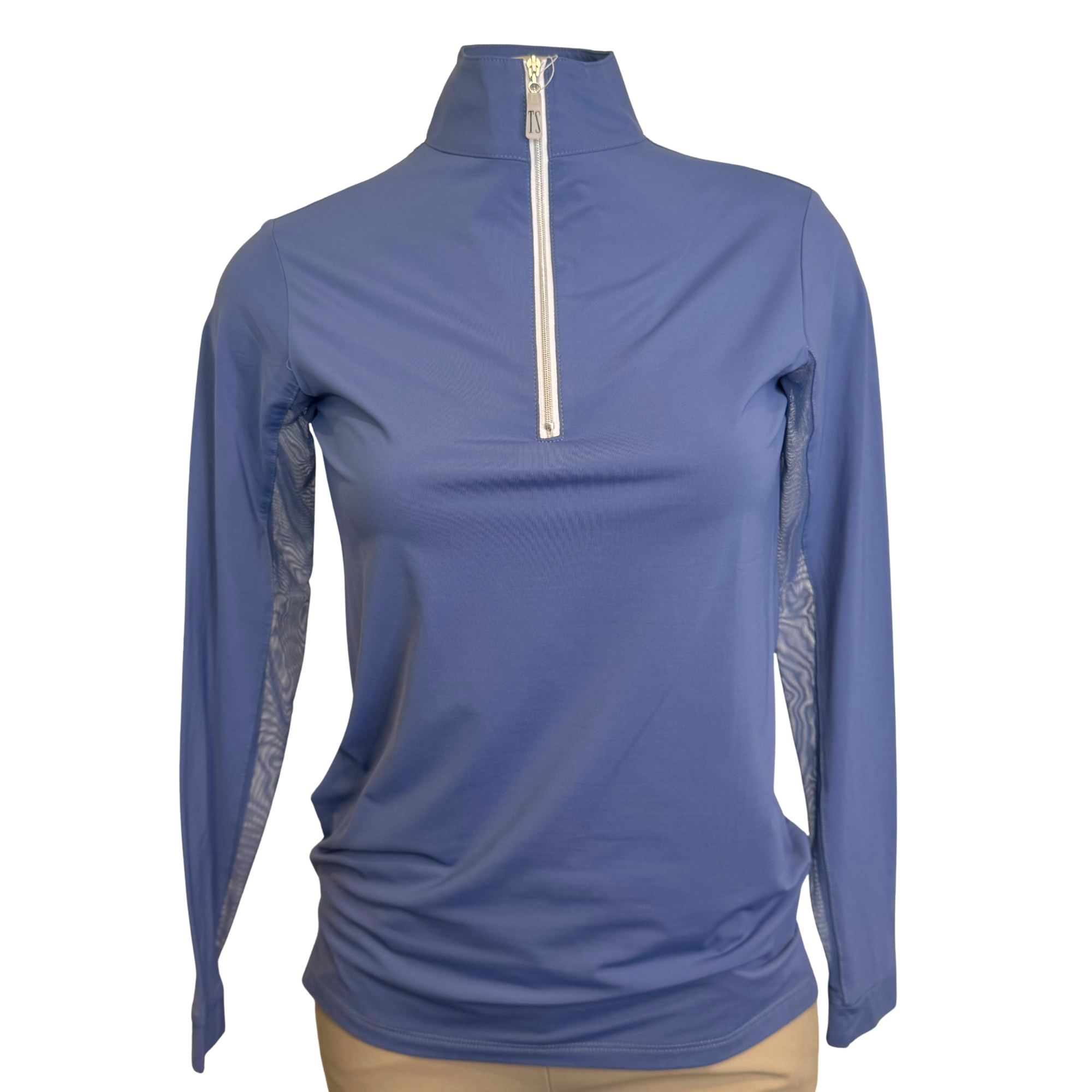 Tailored Sportsman Ice Fil 1/4 zip shirt in Bijou Blue with a silver zipper.