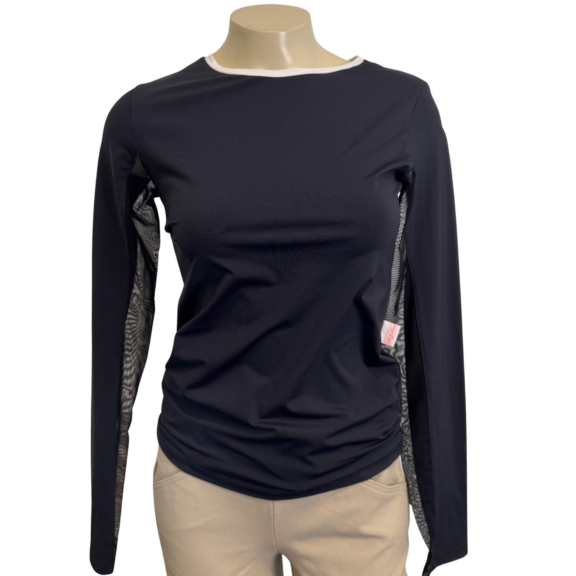 A black Tailored Sportsman Ice Fil Long Sleeve T Shirt with a white crew neck trim.