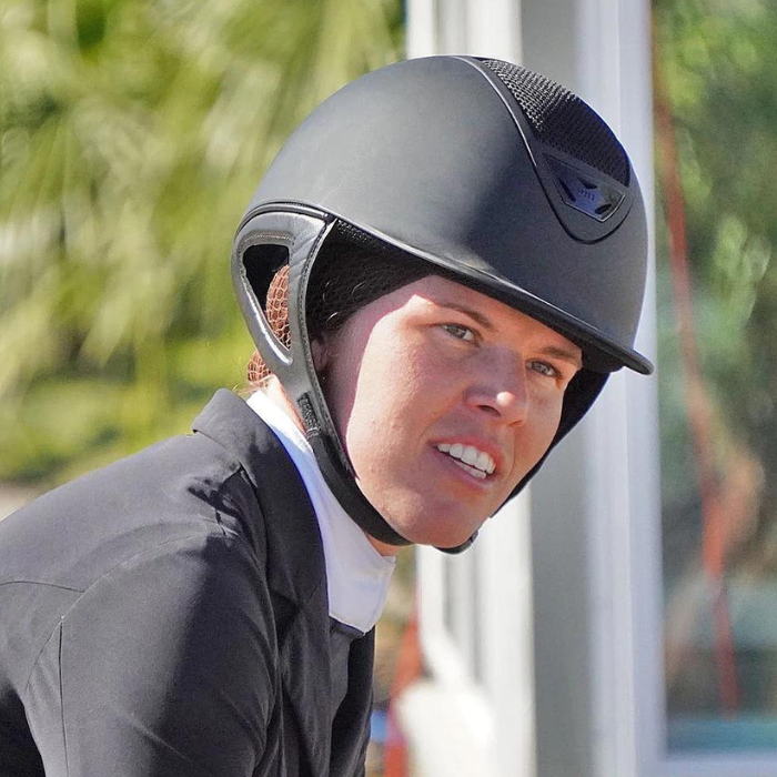 Rider wearing an IRH IR4G XLT Premium Show Long Oval Helmet, matte black with a matte black frame