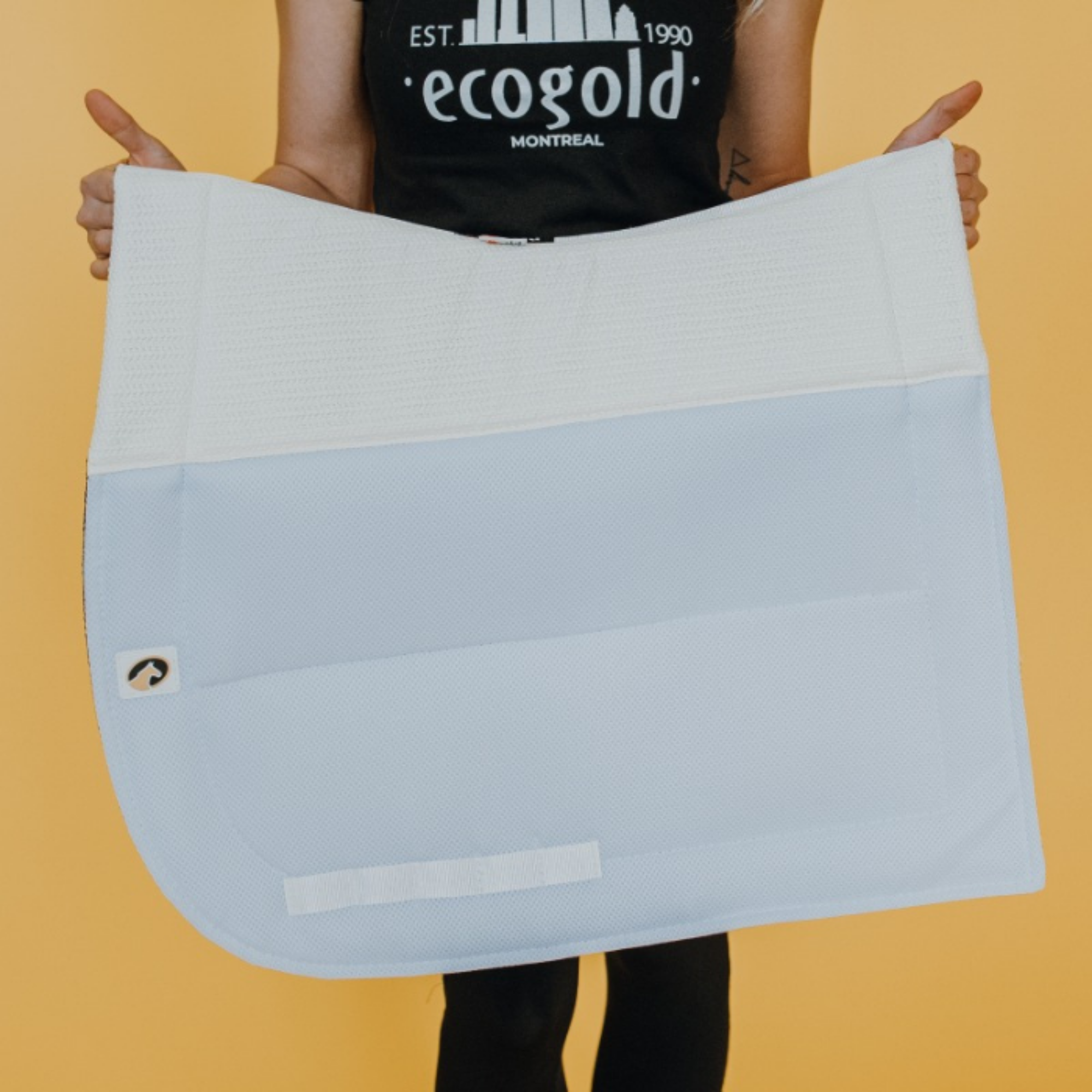 A person holding up an Ecogold Secure Pony Dressage Pad, which is white in color.