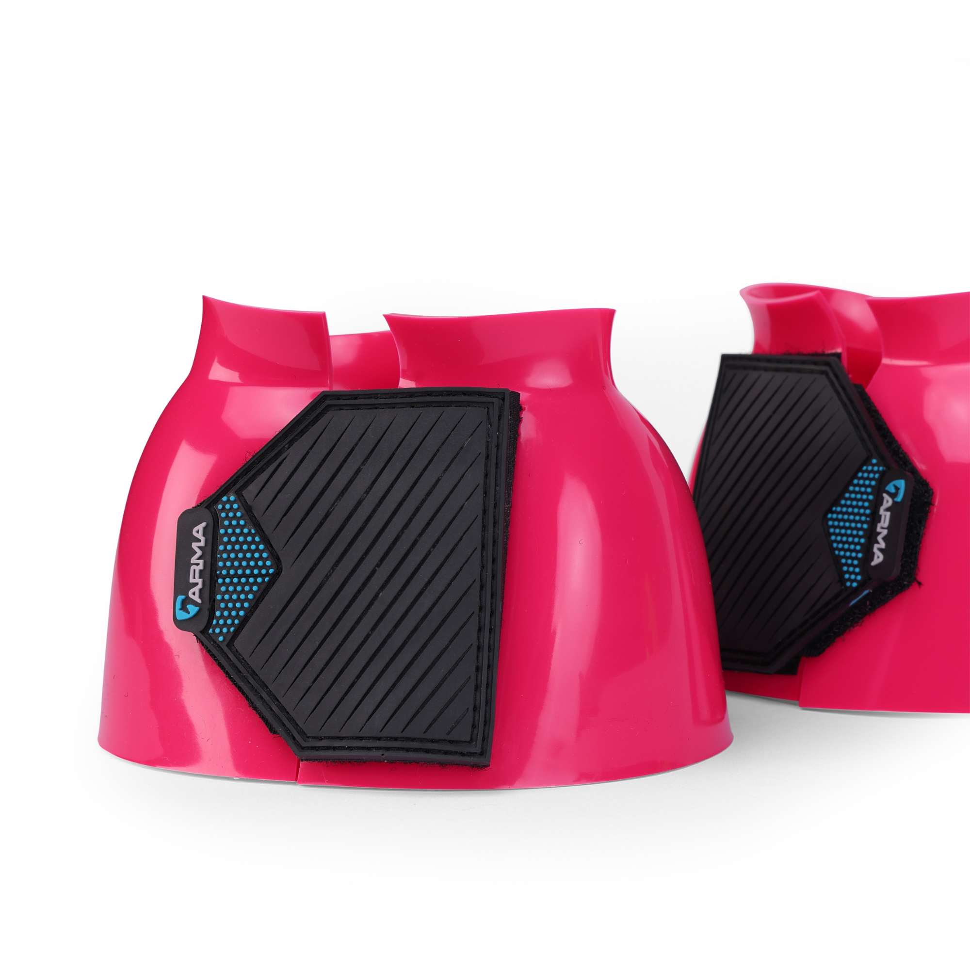 Pair of Pink ARMA by Shires Equestrian bell boots with easy grip double sided touch close straps and the ARMA logo on the straps.