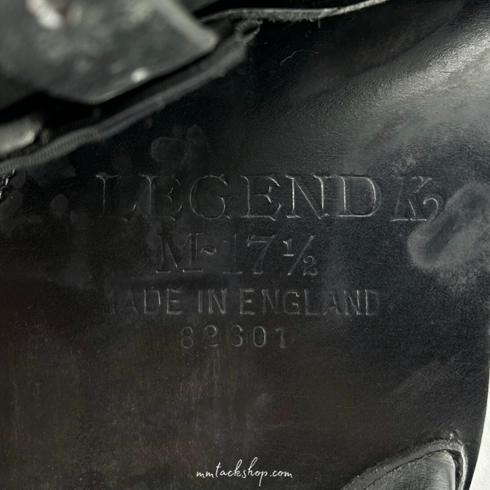 Black Albion K2 Jump Saddle, detailed image of makers mark and serial number (82601)