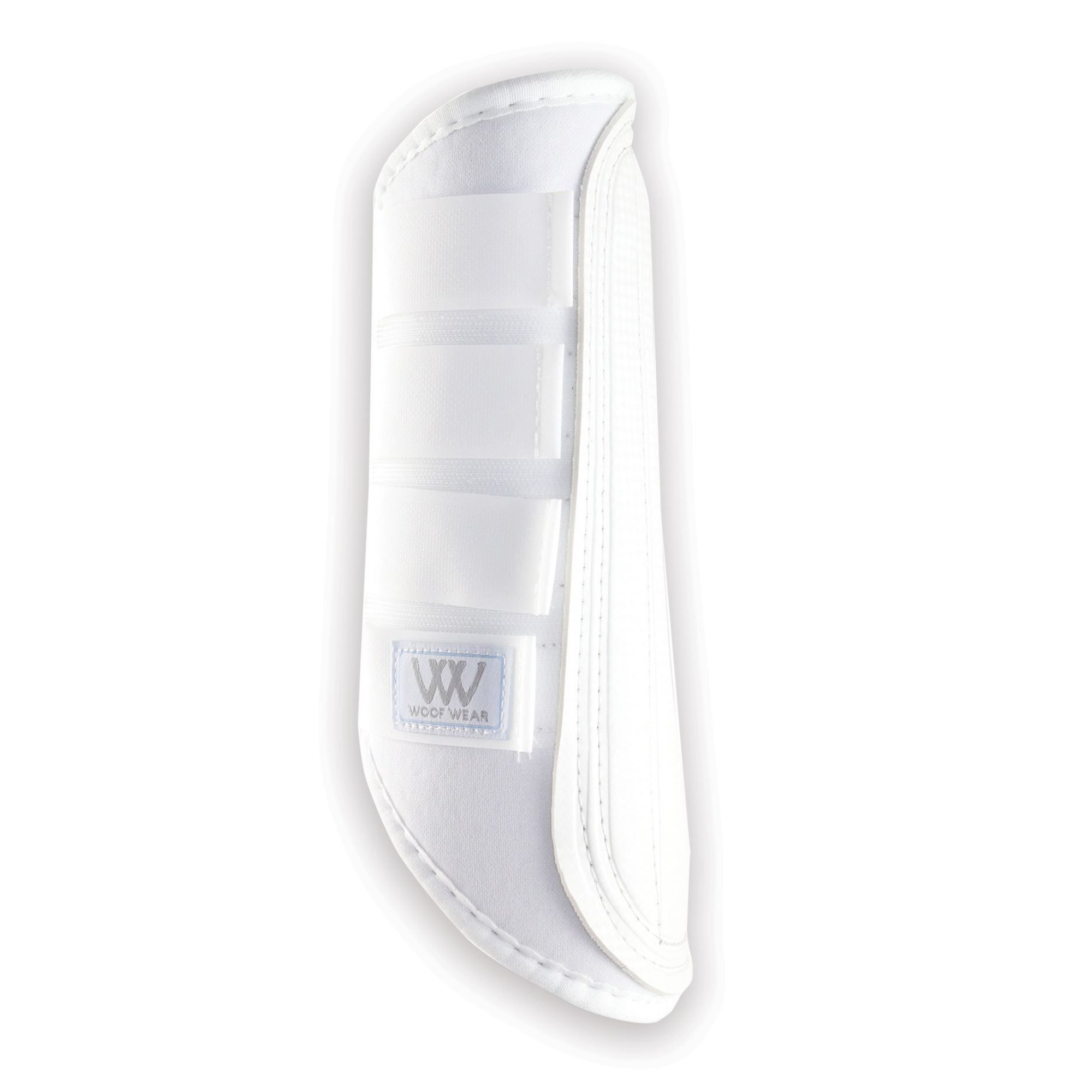 A single white brushing boot for horses with brand logo visible on the strap.