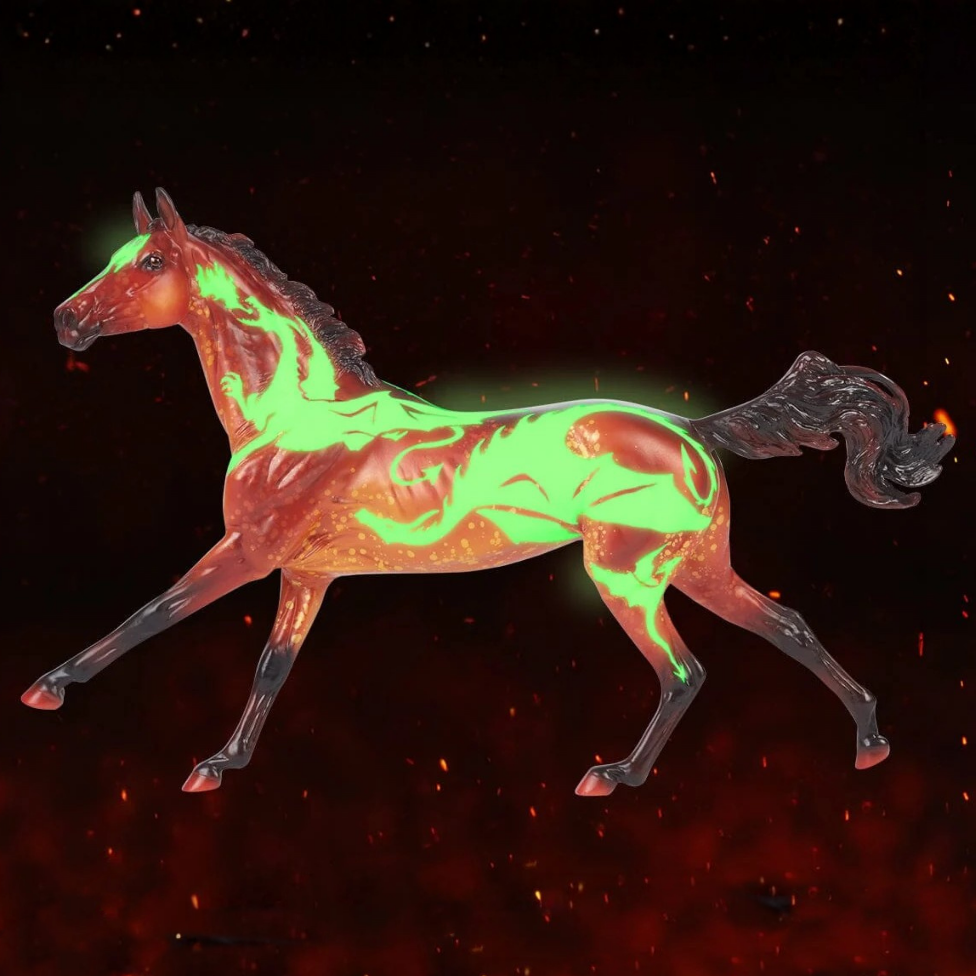 A running Breyer horse model shown in side profile against a dark red and black background with floating embers. The horse body has glow in the dark dragon marking and warm orange-red internal glow.