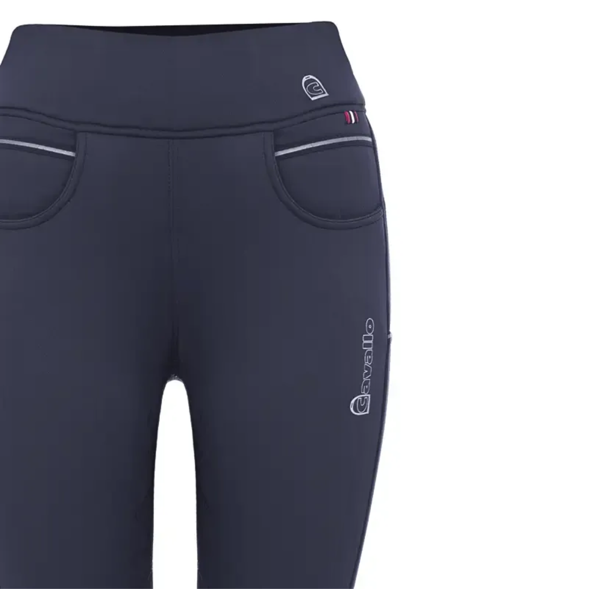 Close up of dark navy blue Cavallo Cavalliz Grip Performance riding tights with a high waistband, Cavallo branding and front pockets.