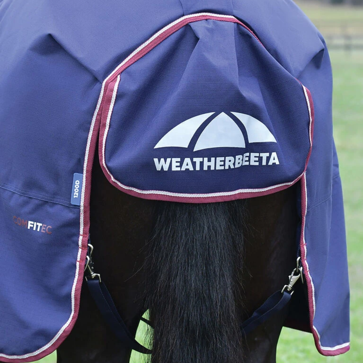 The tail hood on the Weatherbeeta Comfitec Essential Turnout Sheet in Navy/Burgundy.