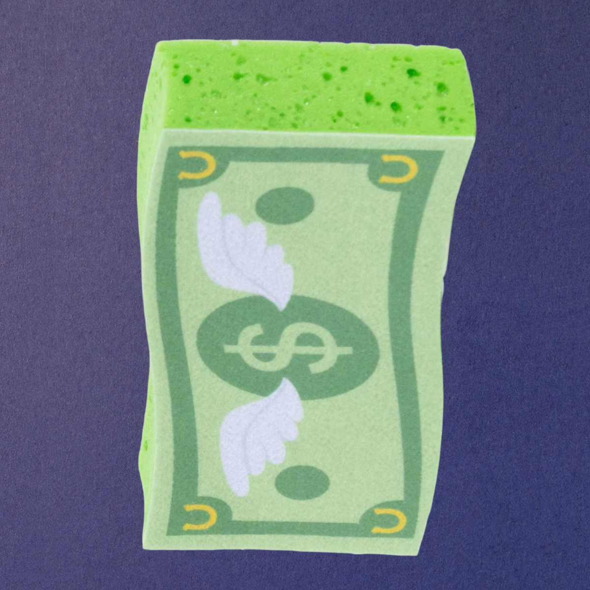 Dreamers & Schemers novelty rectangular cash money sponge shaped like a stylized green dollar bill, featuring a white winged dollar sign in the center, yellow corner horseshoe accents, and a bright green porous top surface, shown against a solid dark purple background.
