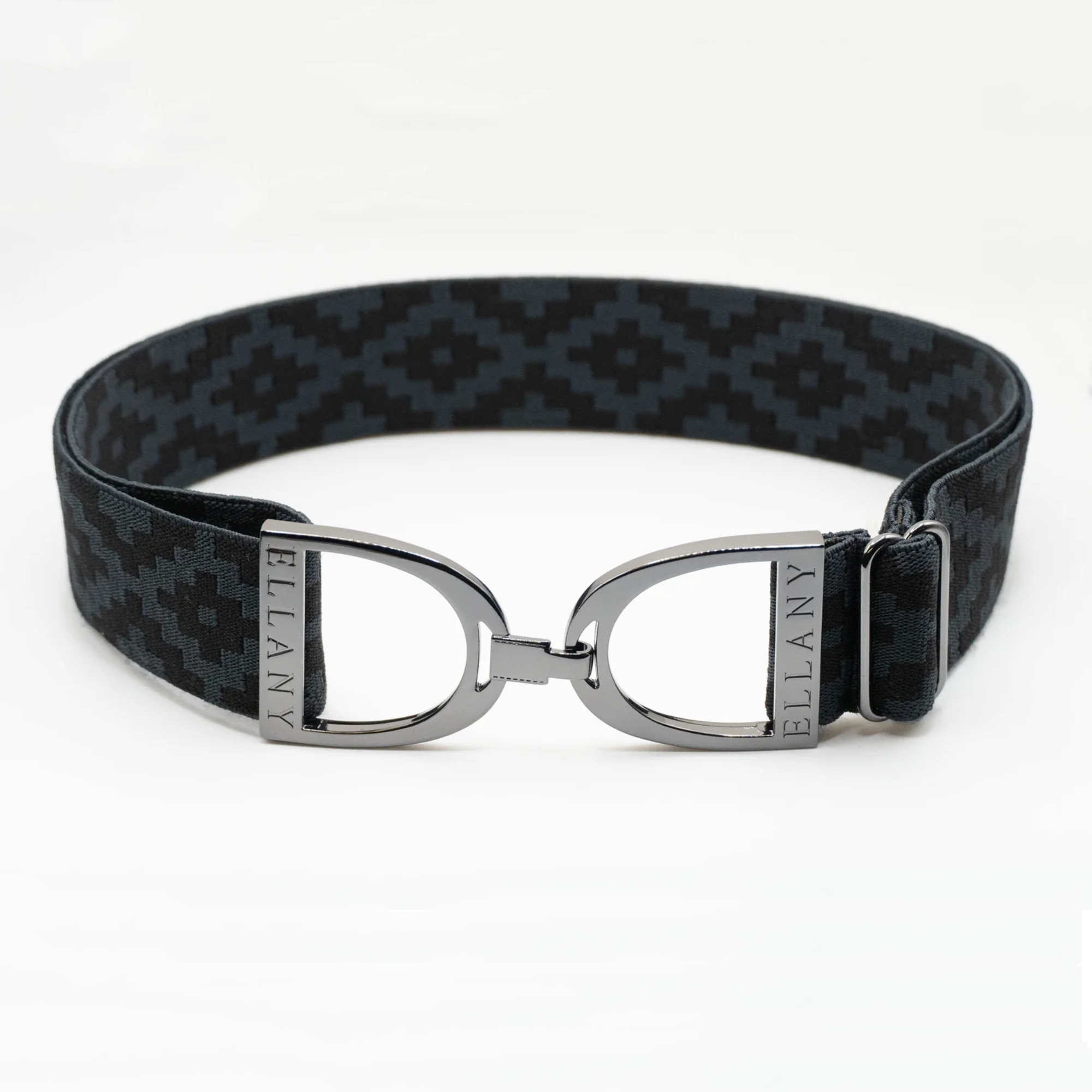A black & grey elastic belt with a polished gunmetal tone metal buckle featuring the brand name &