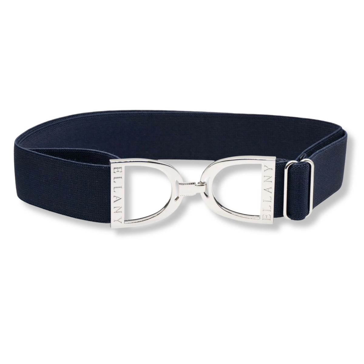 A navy blue 1.5" Ellany belt with a polished silver-tone stirrup buckle featuring the brand name &