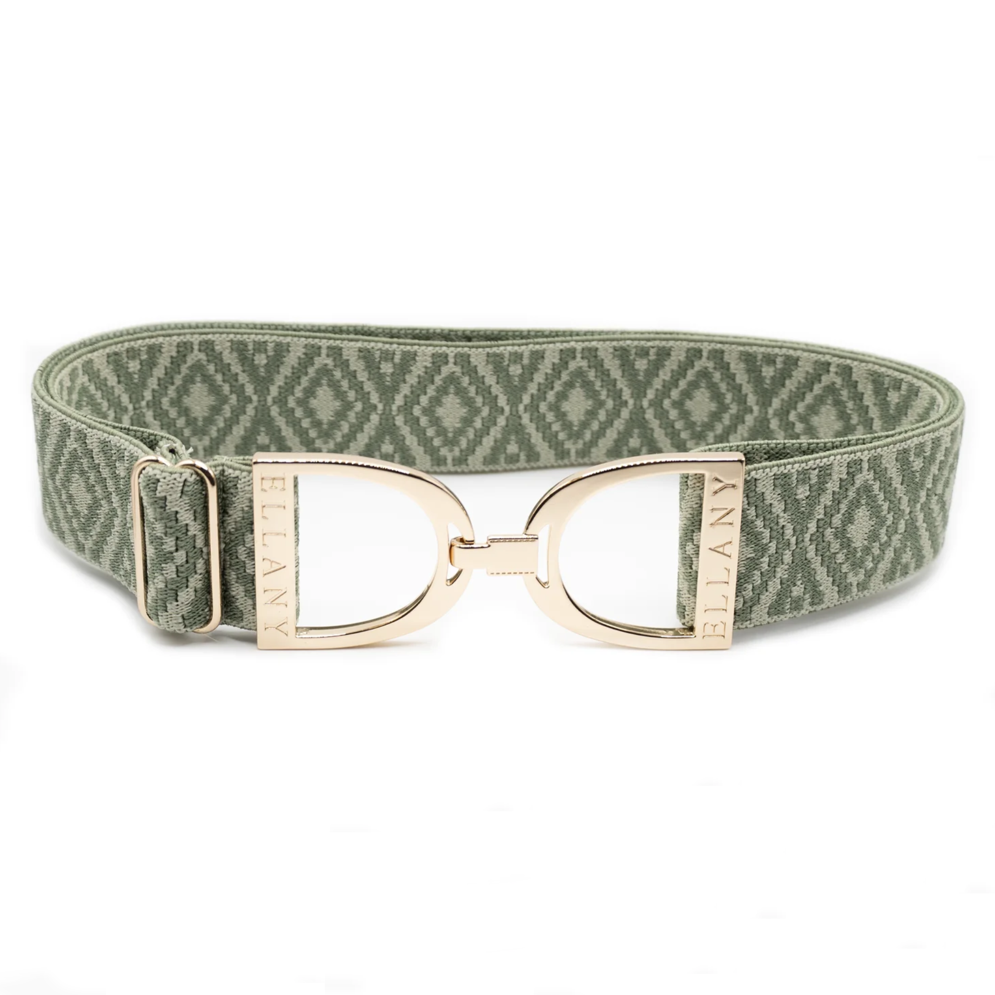 A sage green woven elastic belt with a geometric diamond pattern and a gold-tone metal buckle featuring the brand name &