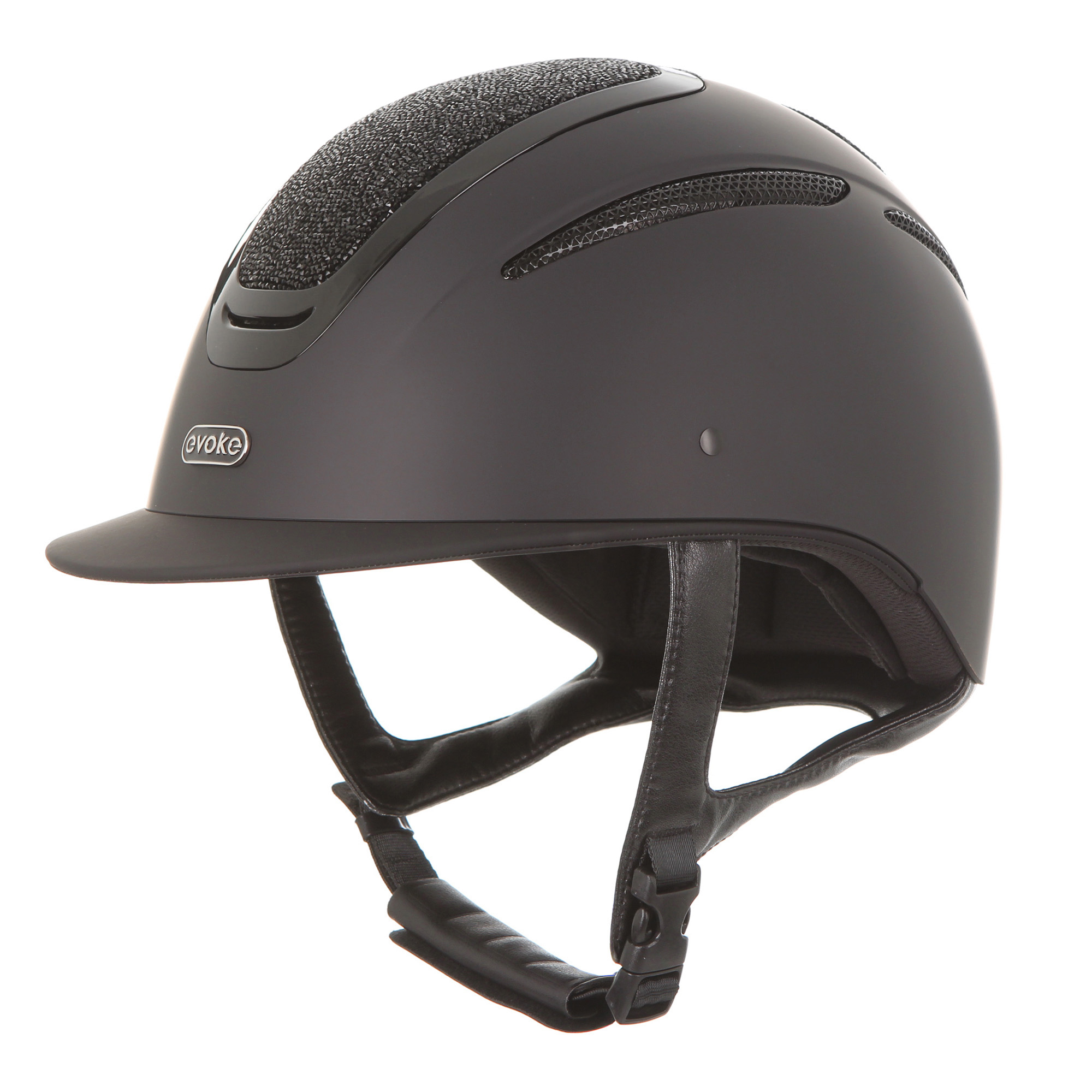 A matte black Evoke Elara equestrian riding helmet with a classic brim and a black jet top panel, a visor, and adjustable black chin strap, shown on a solid white background.