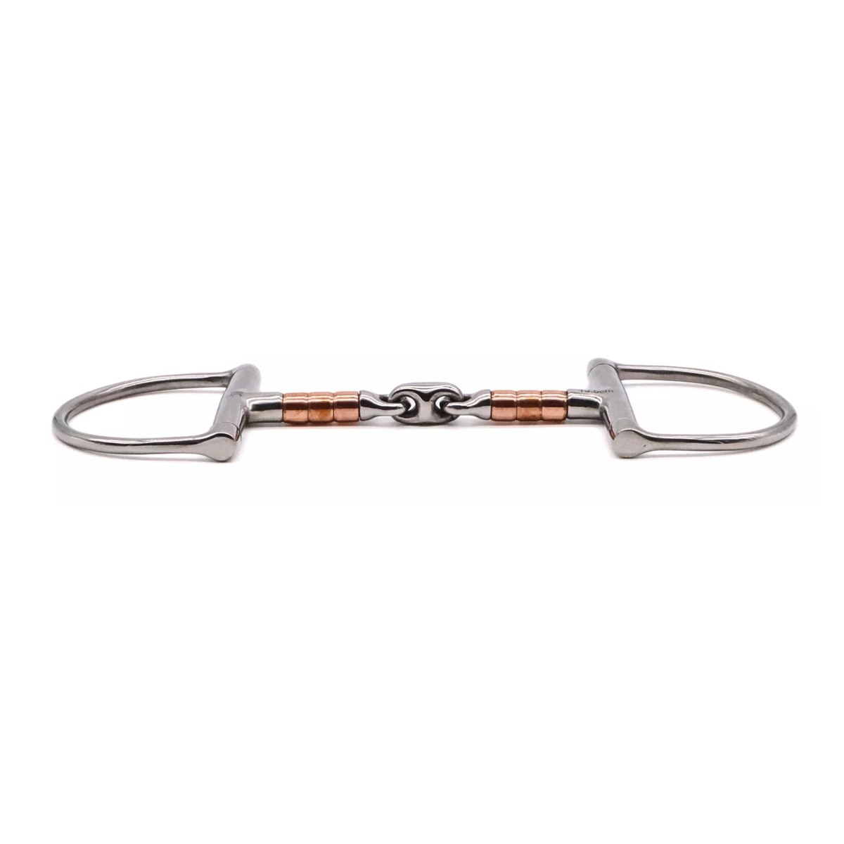 Side view of a Jake Adams Equestrian Copper Roller Elliptical D bit on a white background.