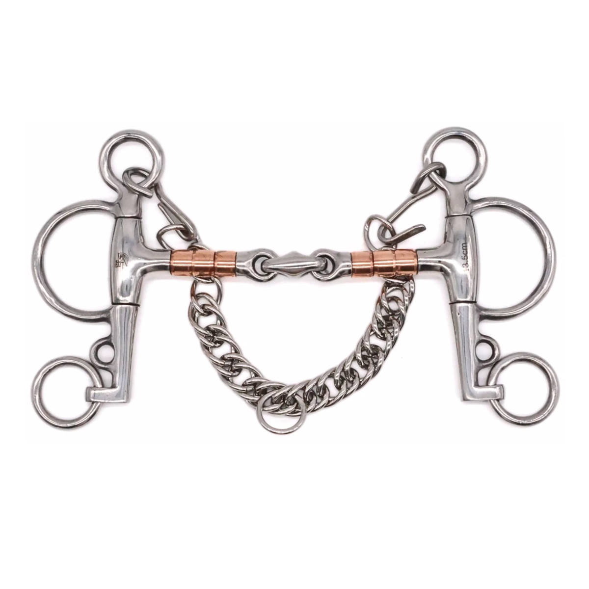 Jake Adams Equestrian Copper Roller Elliptical Pelham bit on a white backgound.
