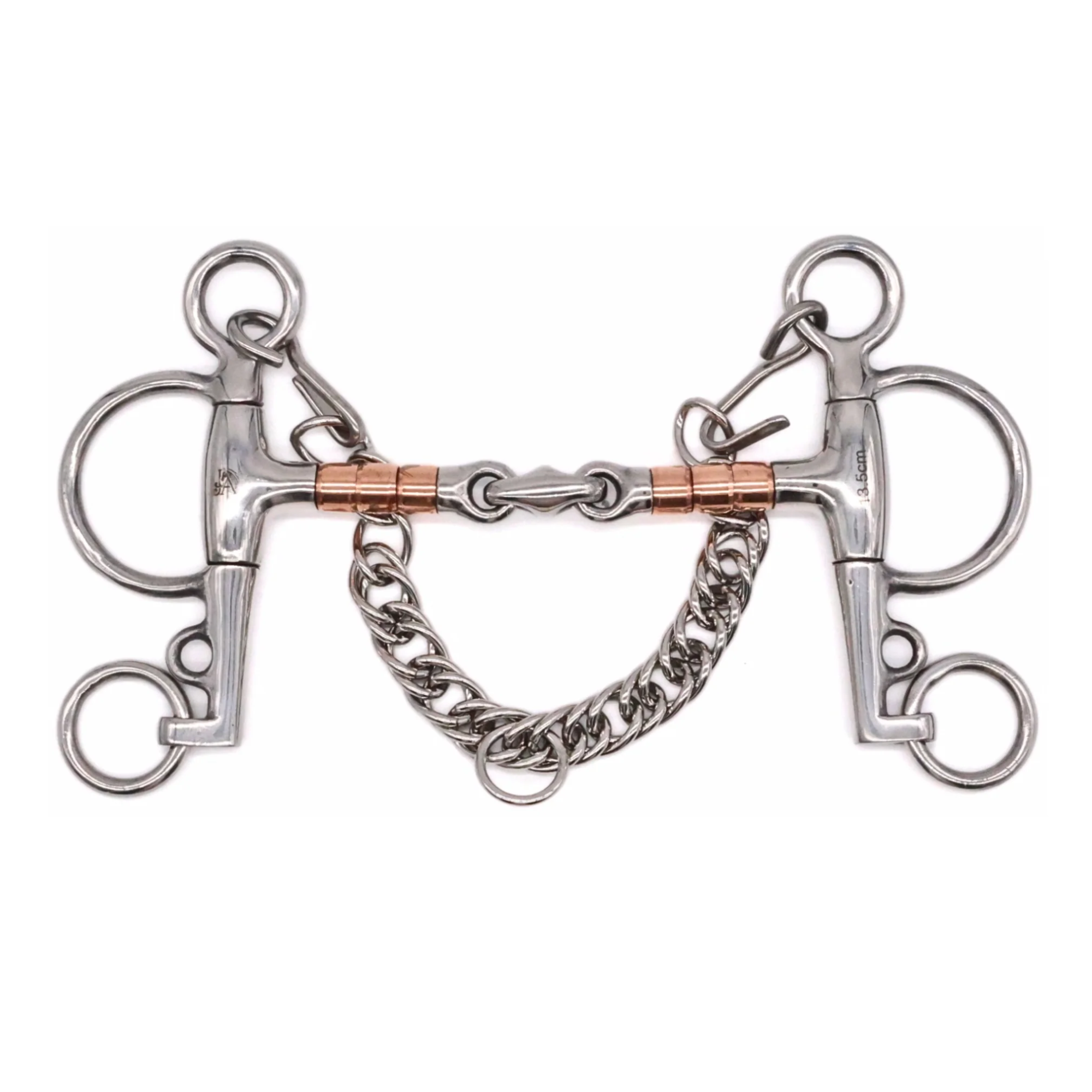 Jake Adams Equestrian Copper Roller Elliptical Pelham bit on a white backgound.