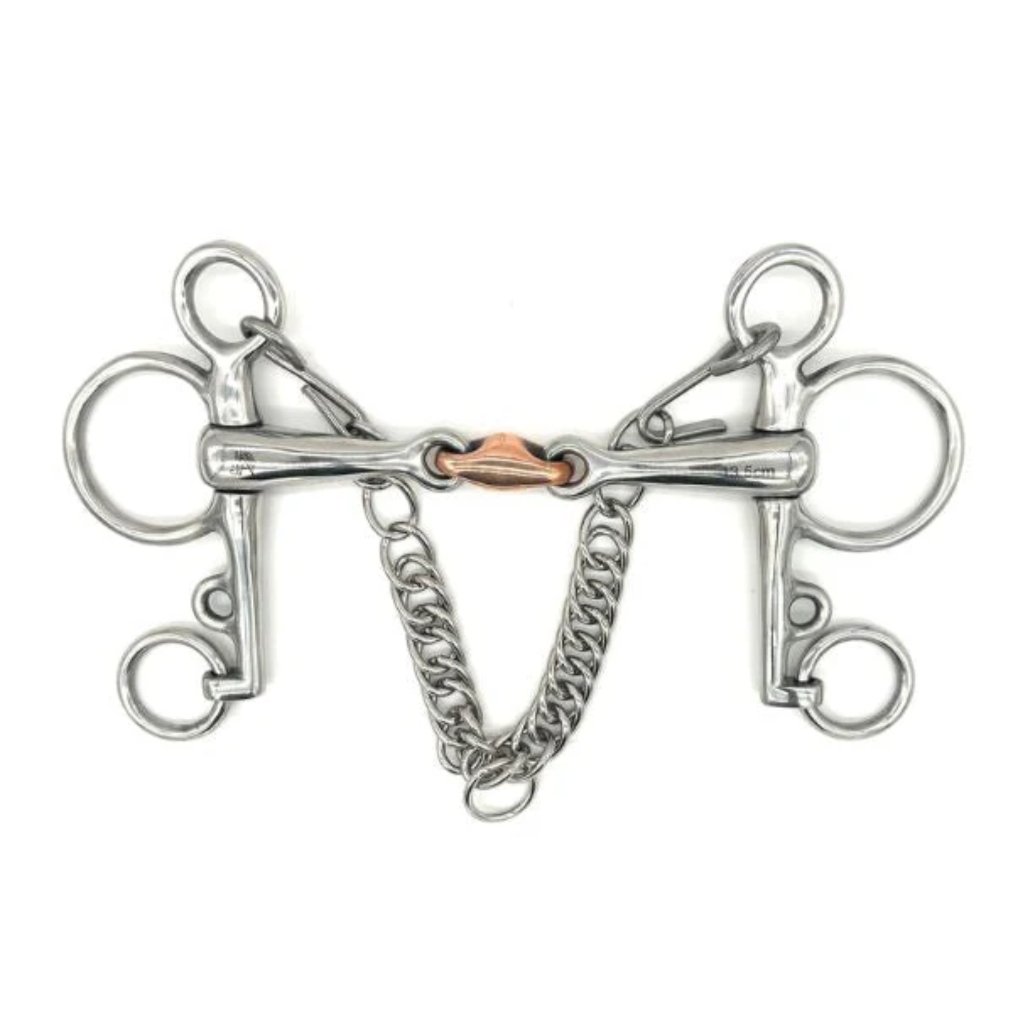 Jake Adams Equestrian Double Jointed Copper Elliptical Pelham bit on a white background.