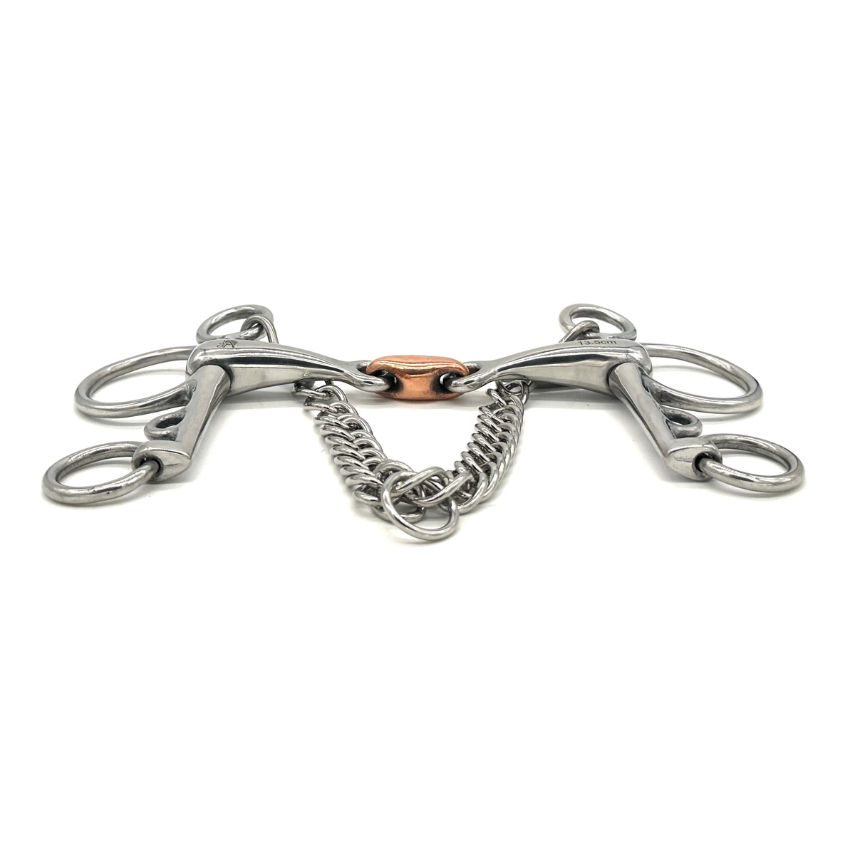 Side view of a Jake Adams Equestrian Double Jointed Copper Elliptical Pelham bit on a white background.
