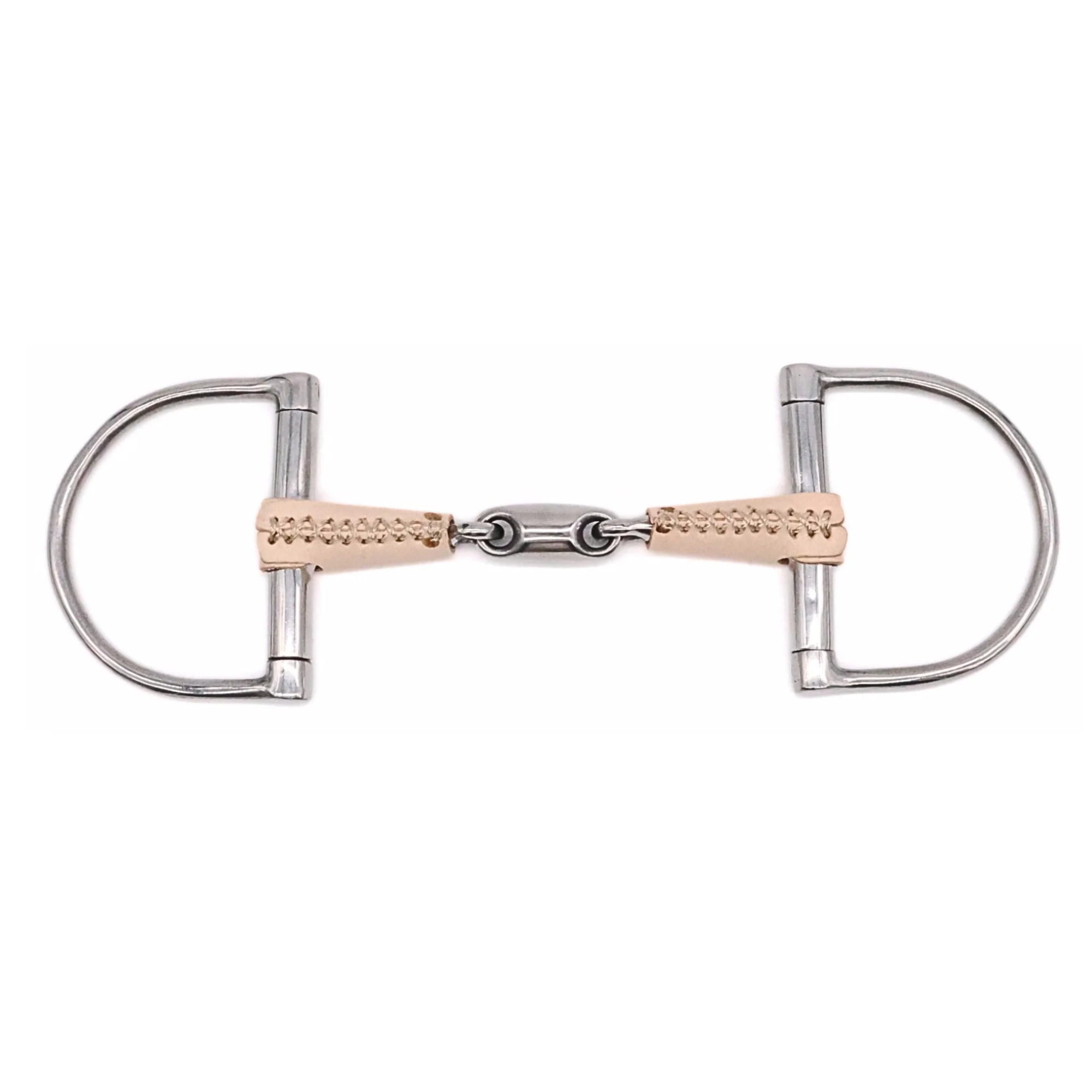 Jake Adams Equestrian Double Jointed Leather Covered D bit on a white background.
