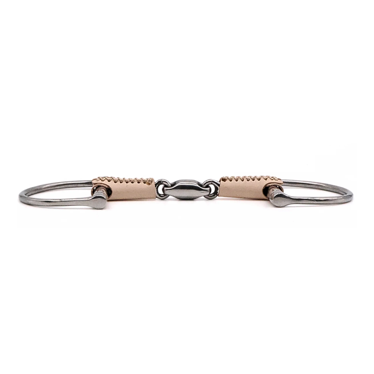 Side view of a Jake Adams Equestrian Double Jointed Leather Covered D bit on a white background.