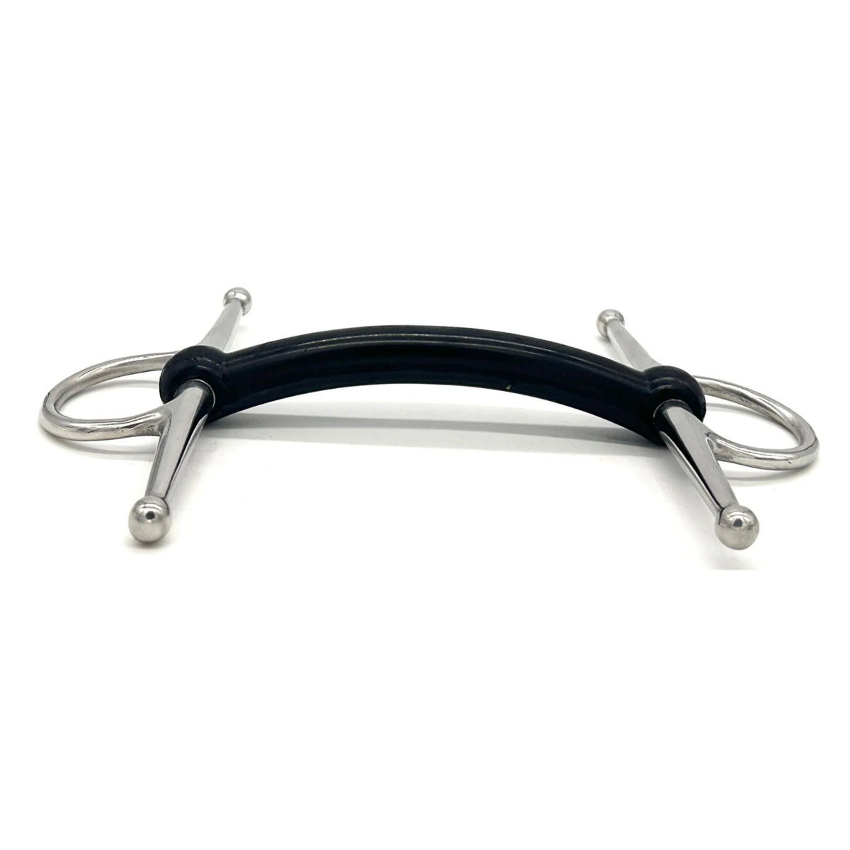 Side view of a Jake Adams Equestrian Hard Rubber Mullen Full Cheek bit on a white background.