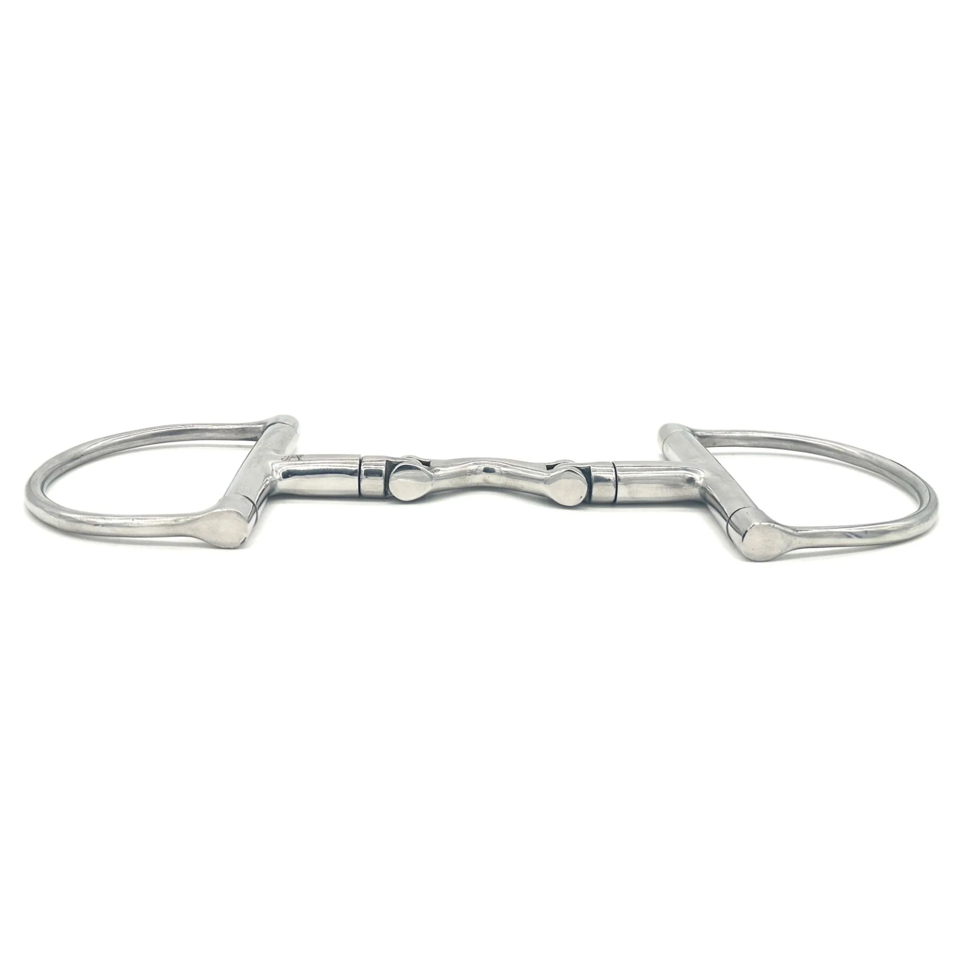 Side view of a Jake Adams Equestrian swivel port hinge D bit on a White Background.
