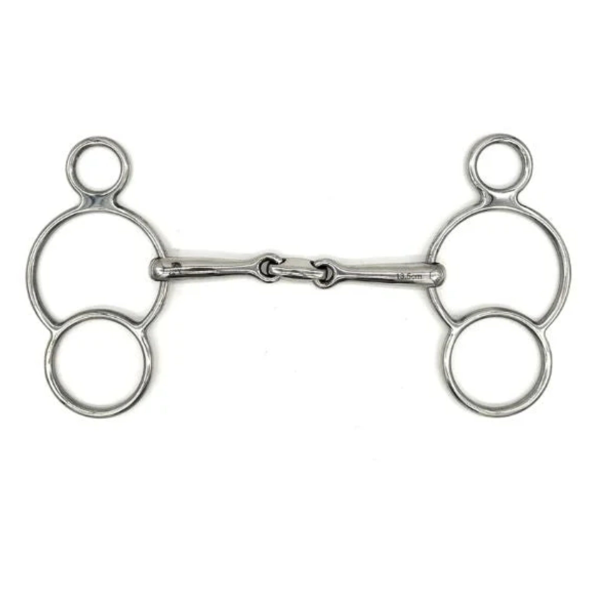 Jake Adams Equestrian Locking Elliptical Two Ring bit on a white background.