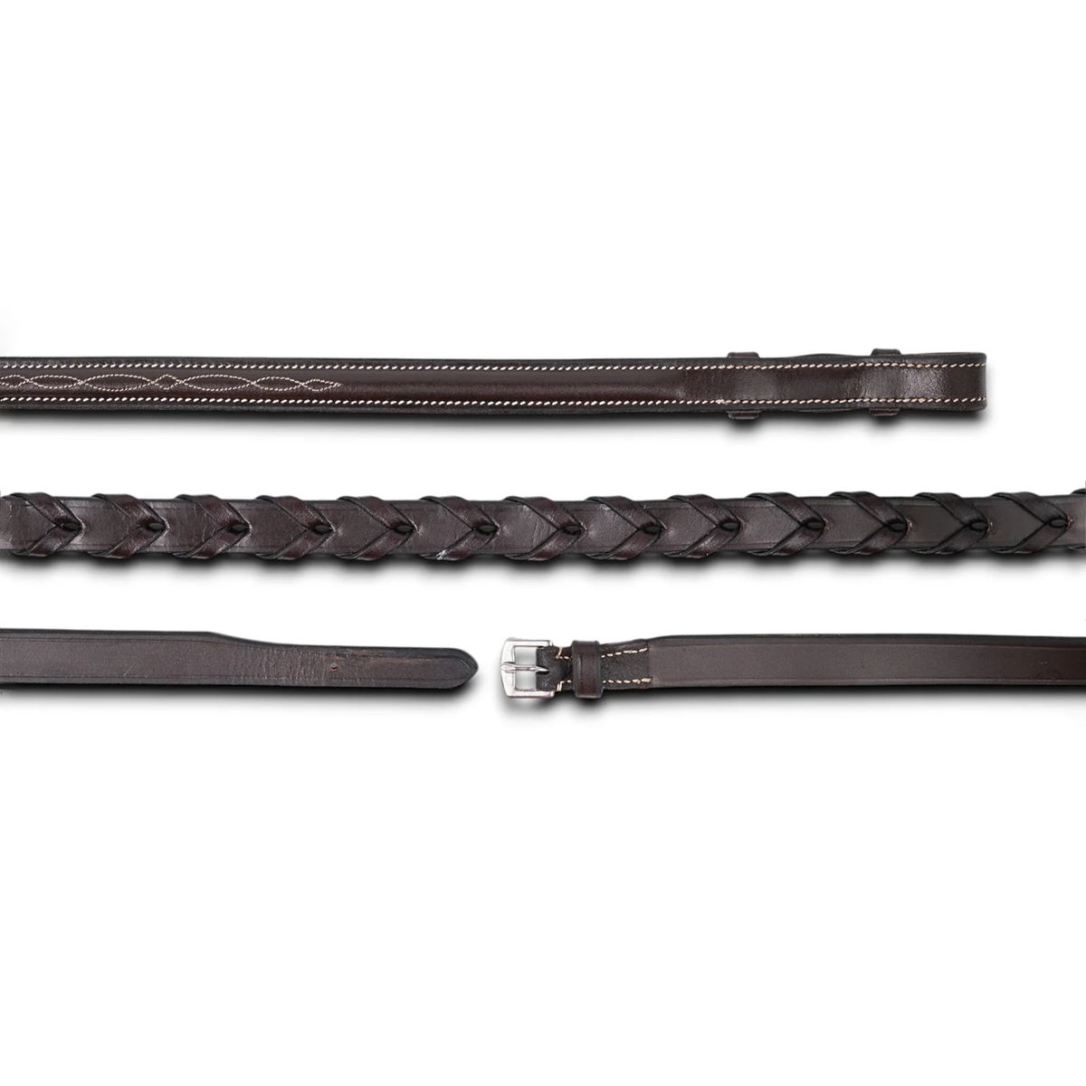 Detailed image of the reins included with the Jake Adams Equestrian Raised Fancy Stitched Hunter Bridle on a white background.
