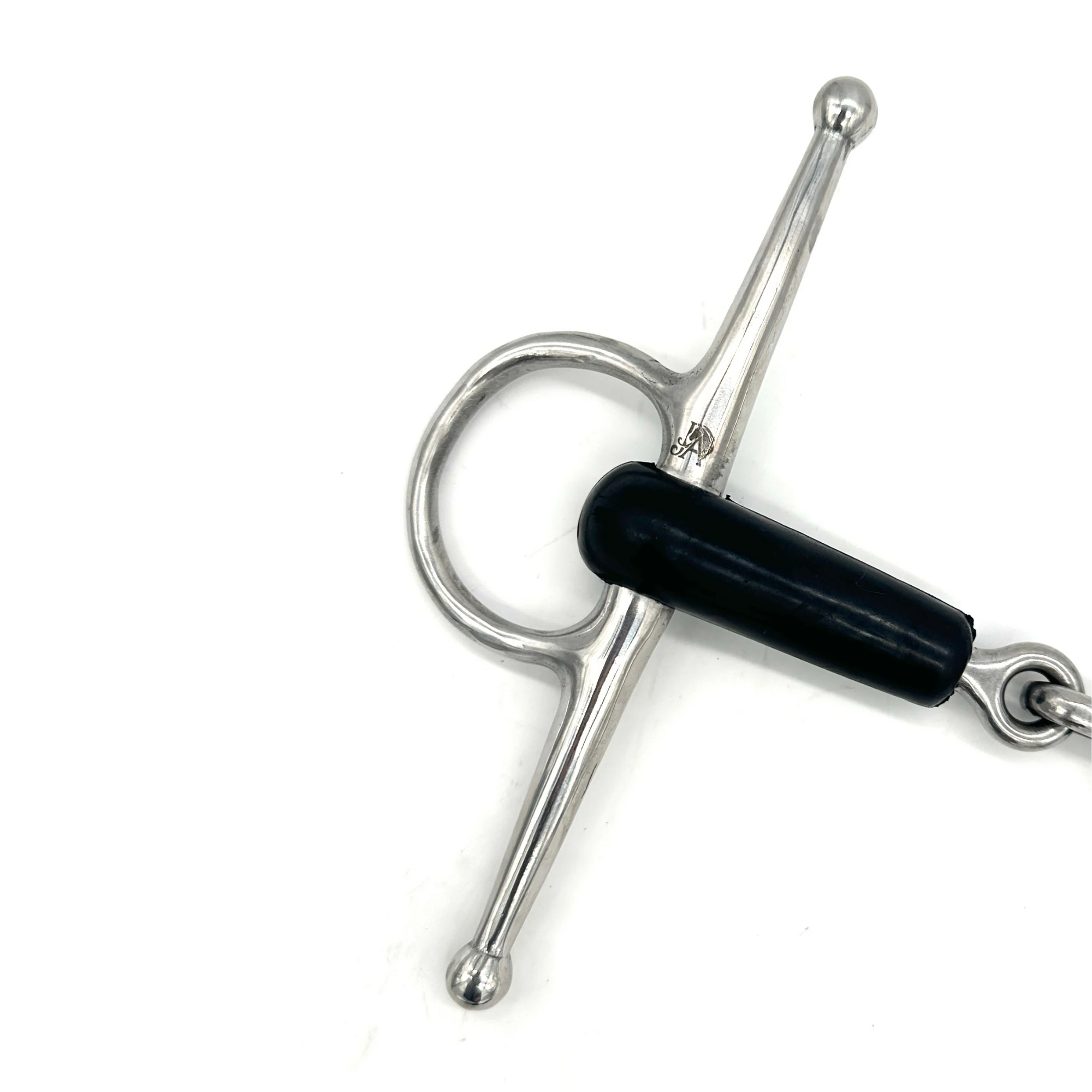 Closeup of the full cheek cheekpiece of Jake Adams Equestrian Single Joint Rubber Full Cheek bit on a white background.