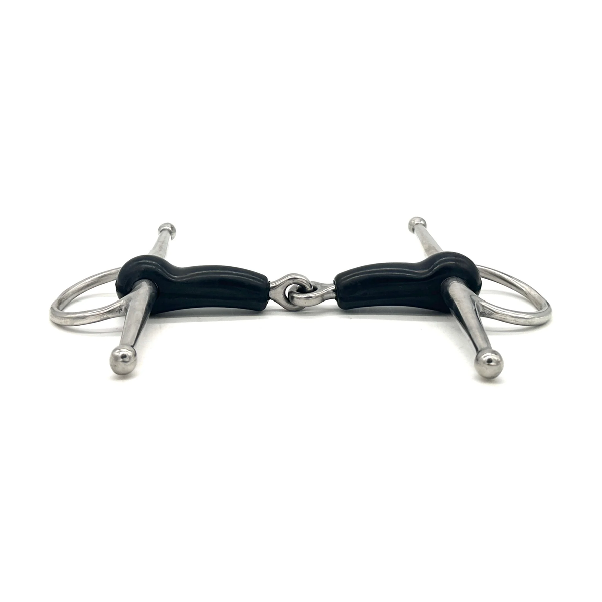 Side view of a Jake Adams Equestrian Single Joint Rubber Full Cheek bit on a white background.